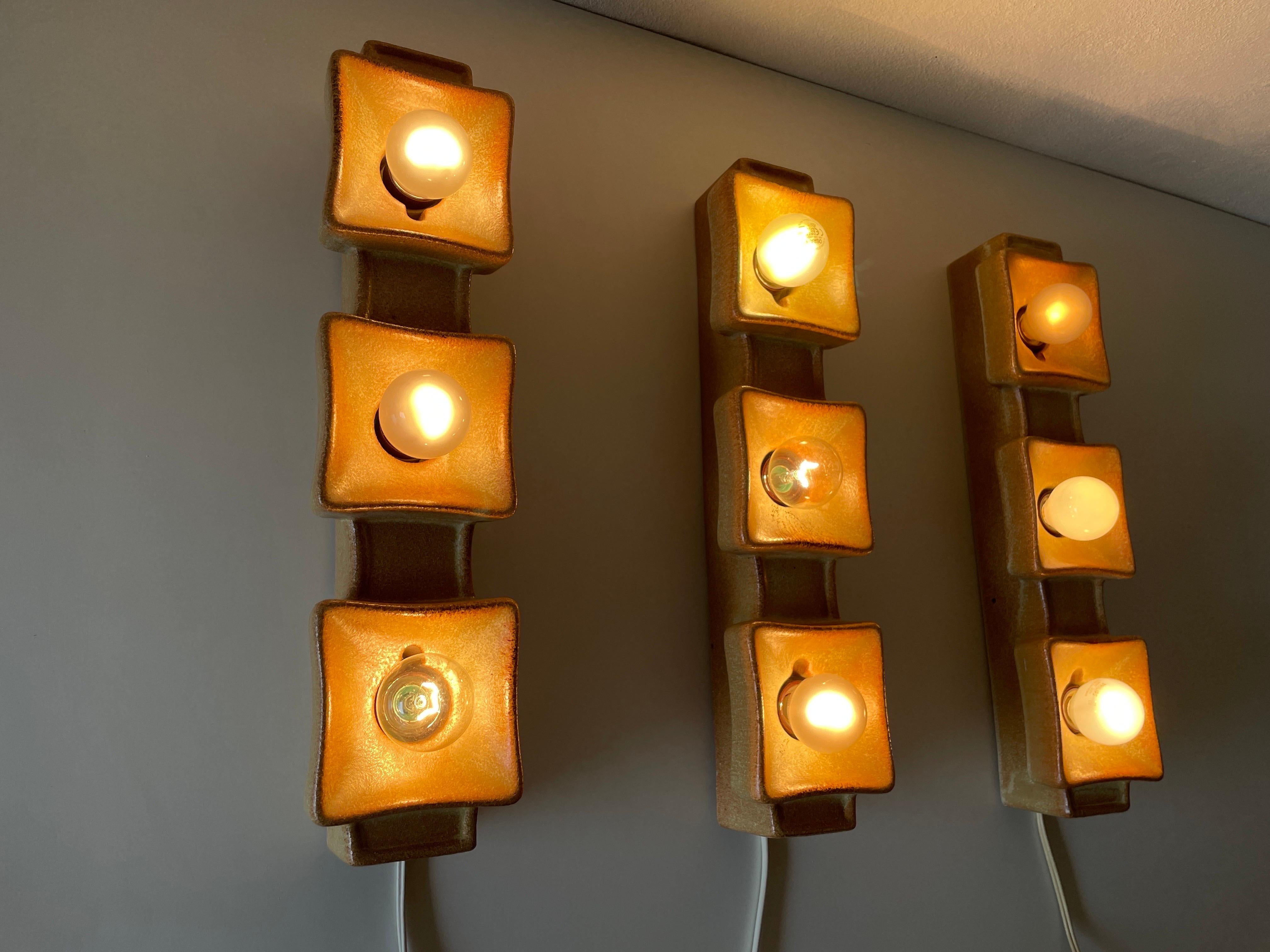 Brown Ceramic Set of 3 Sconces by Pan Leuchten, 1970s, Germany For Sale 5
