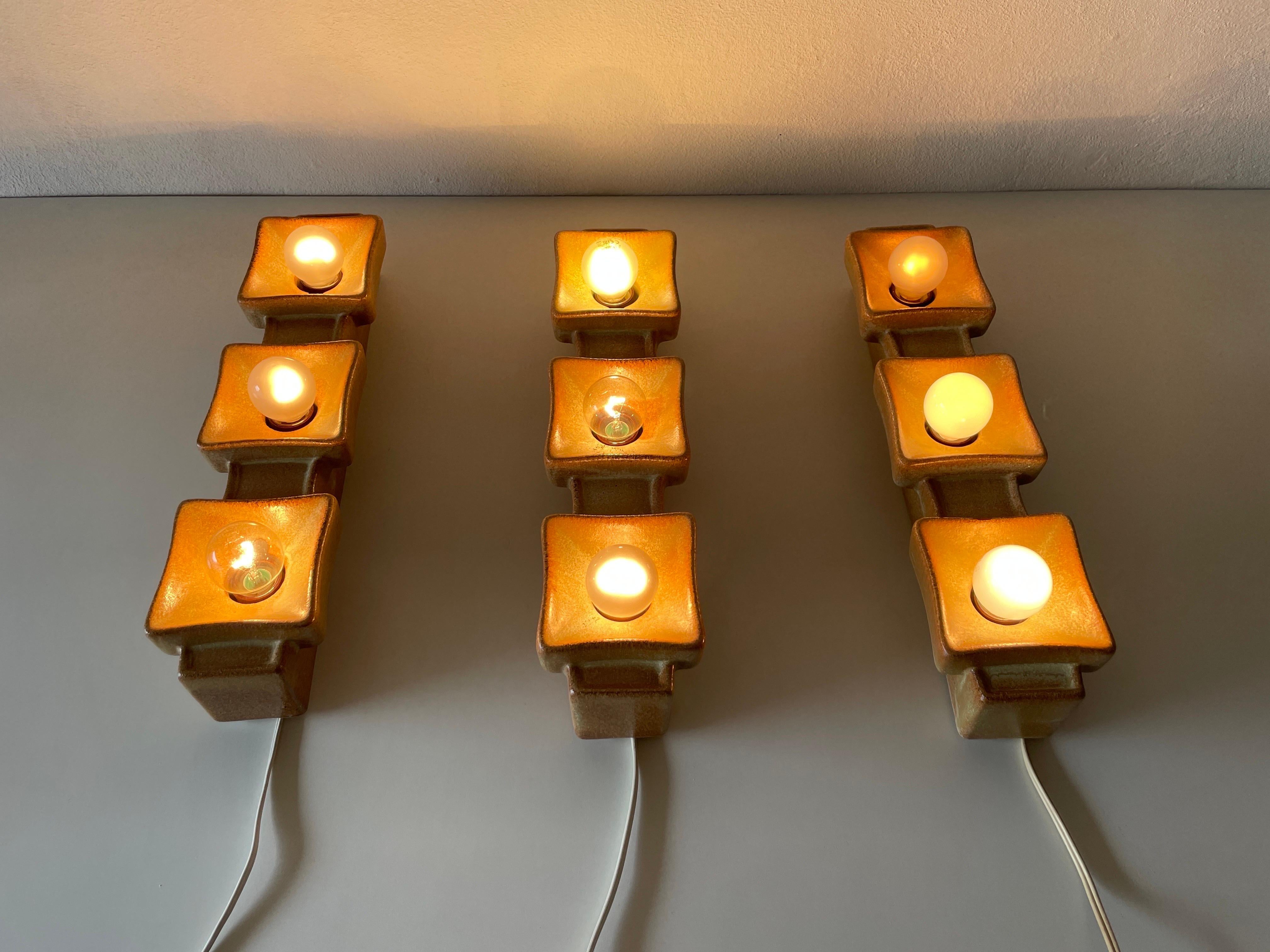 Brown Ceramic Set of 3 Sconces by Pan Leuchten, 1970s, Germany For Sale 7