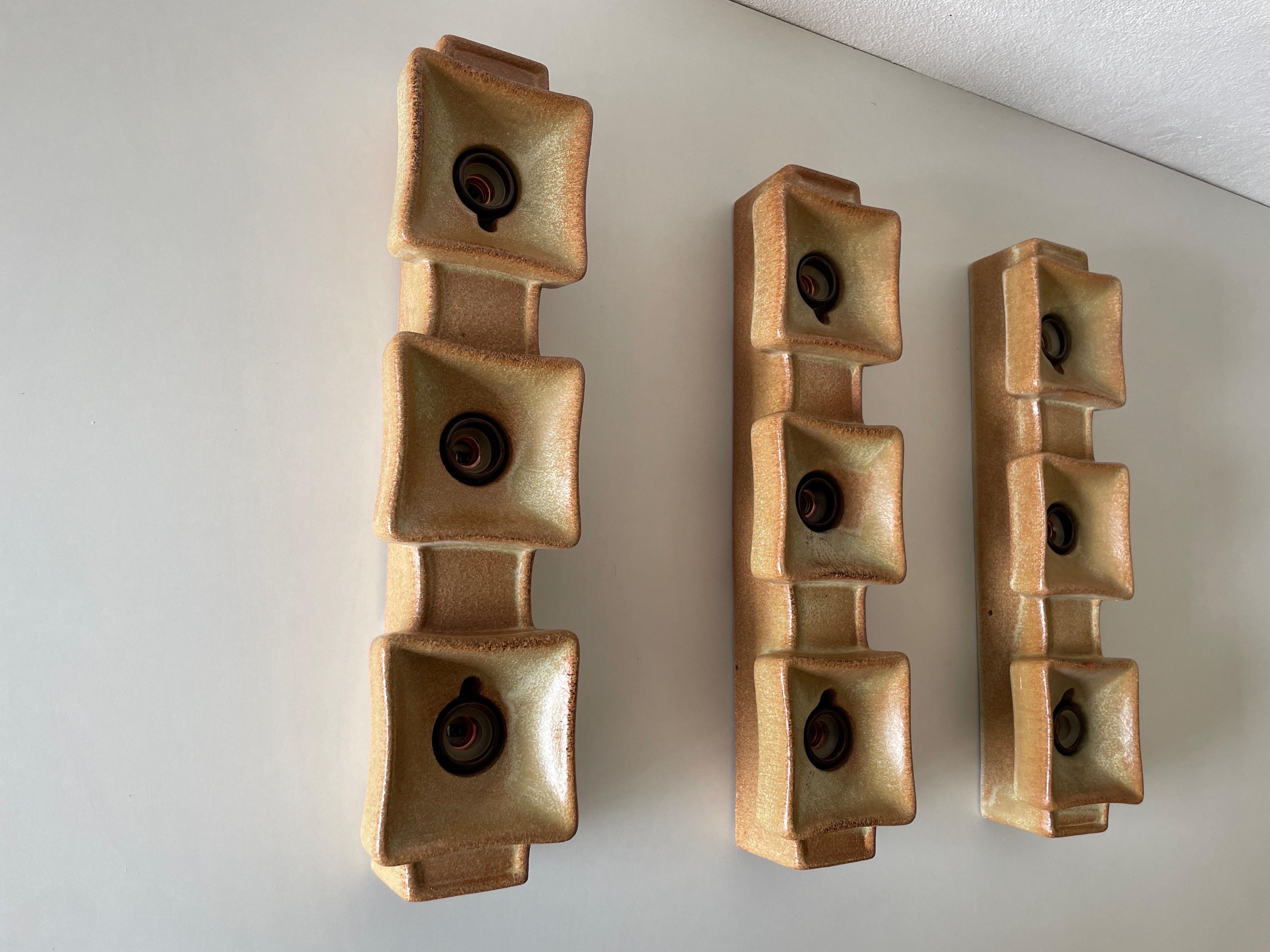 Brown Ceramic Set of 3 Sconces by Pan Leuchten, 1970s, Germany 11
