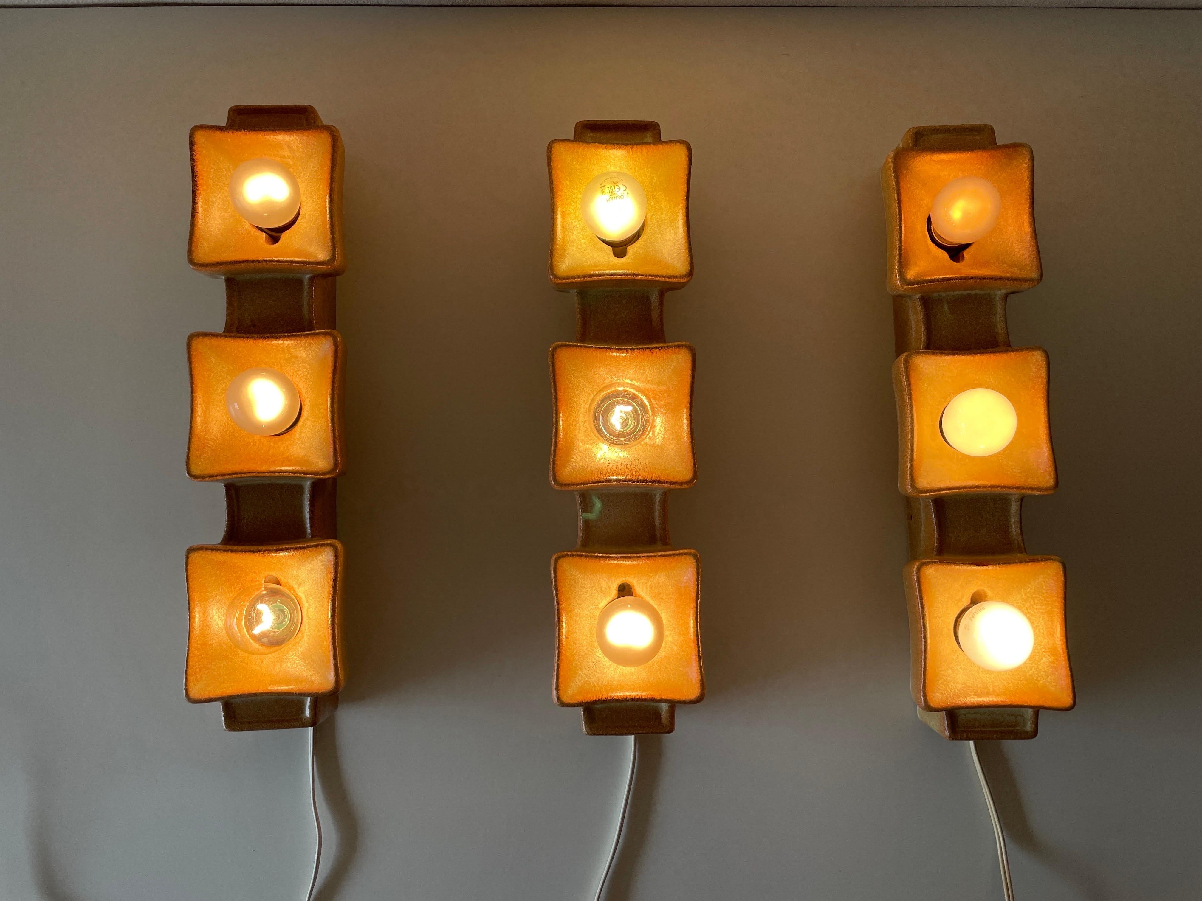 Brown Ceramic Set of 3 Sconces by Pan Leuchten, 1970s, Germany For Sale 4