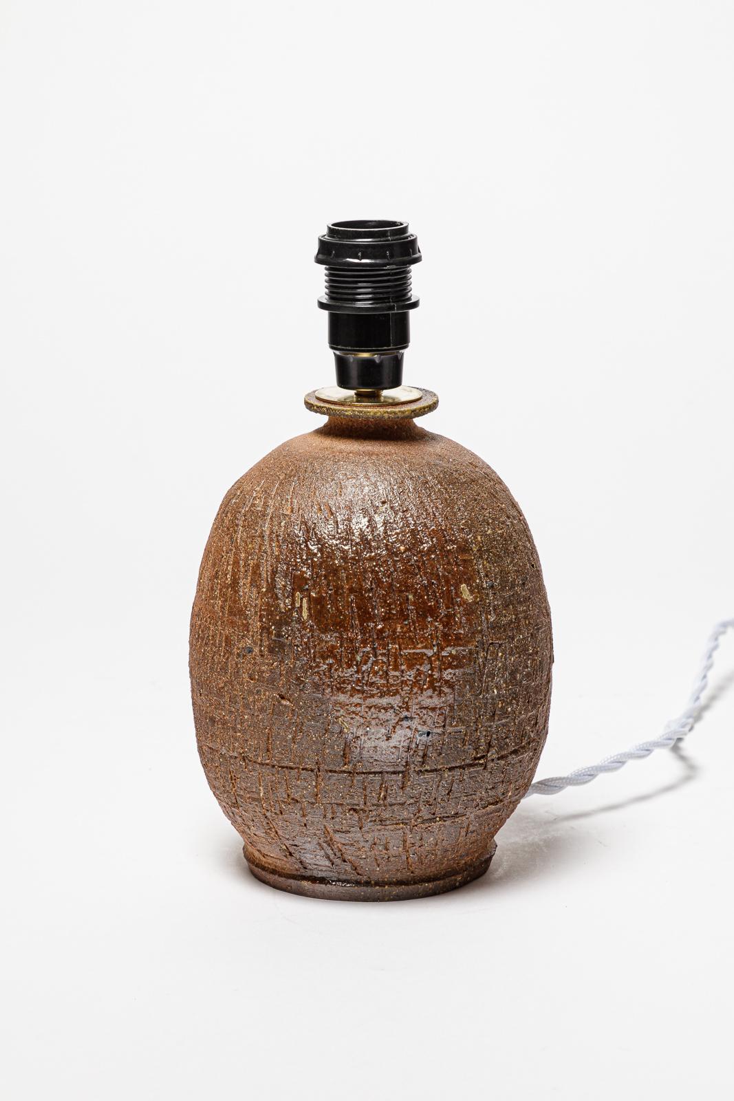 French Brown ceramic table lamp woodfiring from La Borne 1960 20th century design For Sale