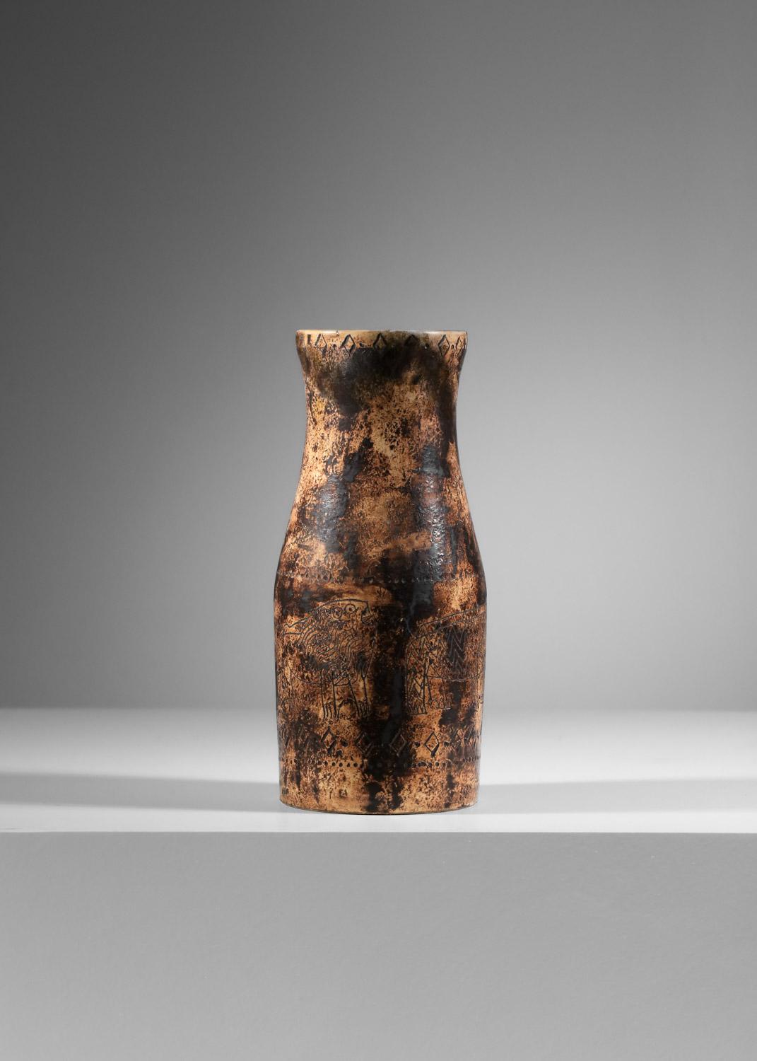 Brown Keramikvase von Jacques Blin Nashorn Elefanten 60er Jahre im Angebot 1