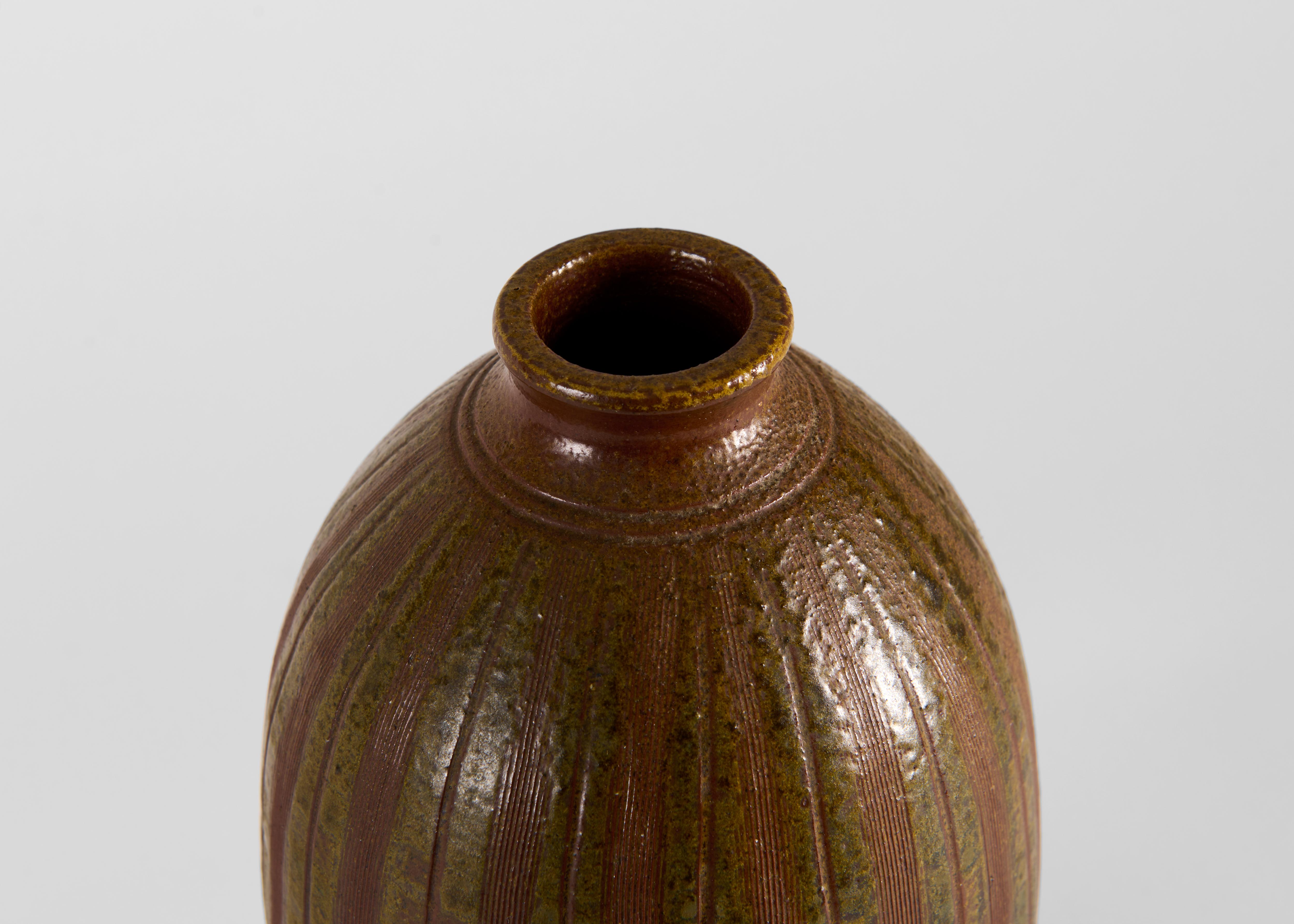 Swedish Brown Ceramic Vase with Vertical Stripes, Wallåkra, Sweden, 1977 For Sale