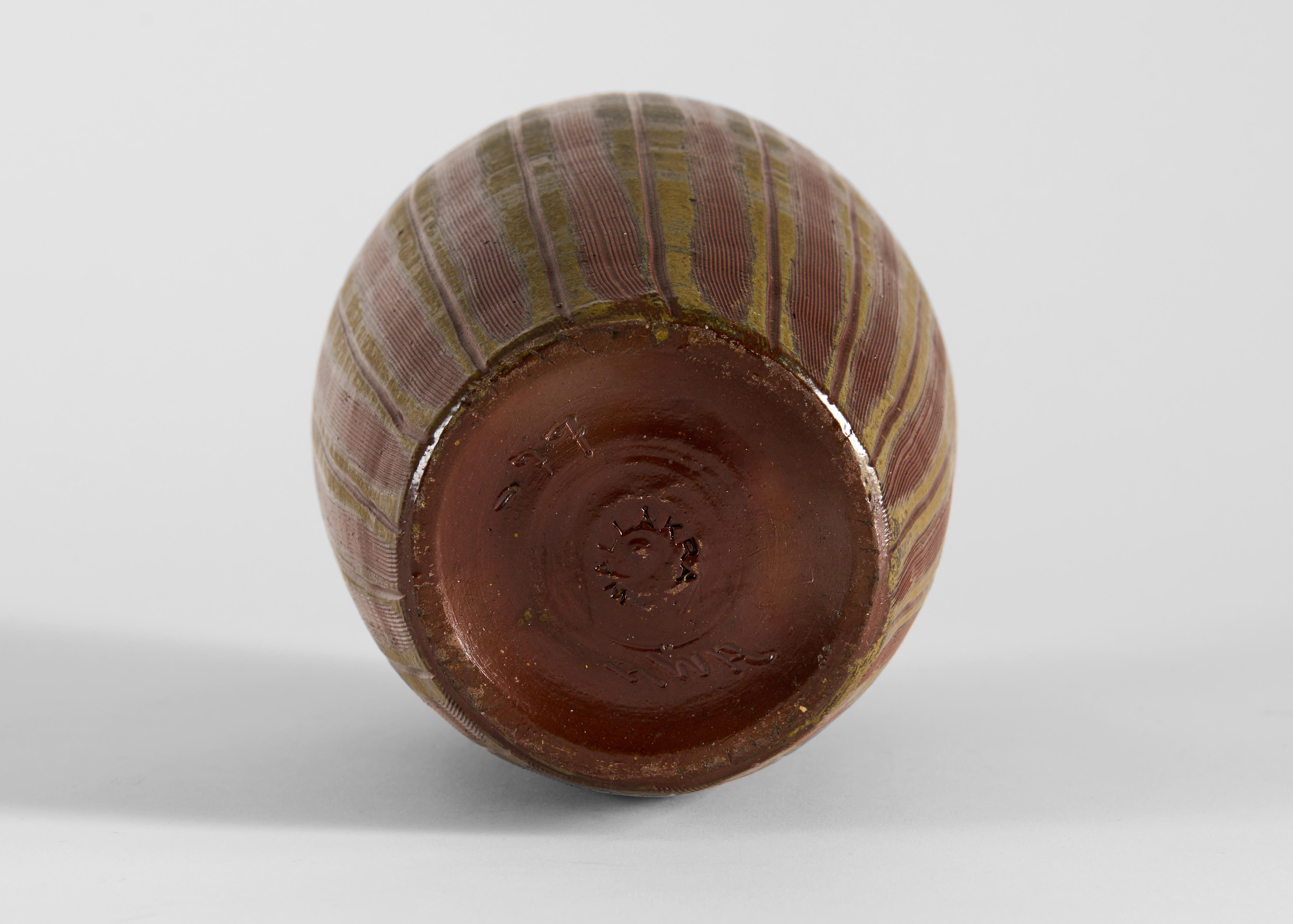 Glazed Brown Ceramic Vase with Vertical Stripes, Wallåkra, Sweden, 1977 For Sale