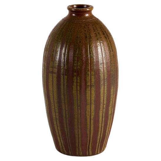 Brown Ceramic Vase with Vertical Stripes, Wallåkra, Sweden, 1977 For Sale