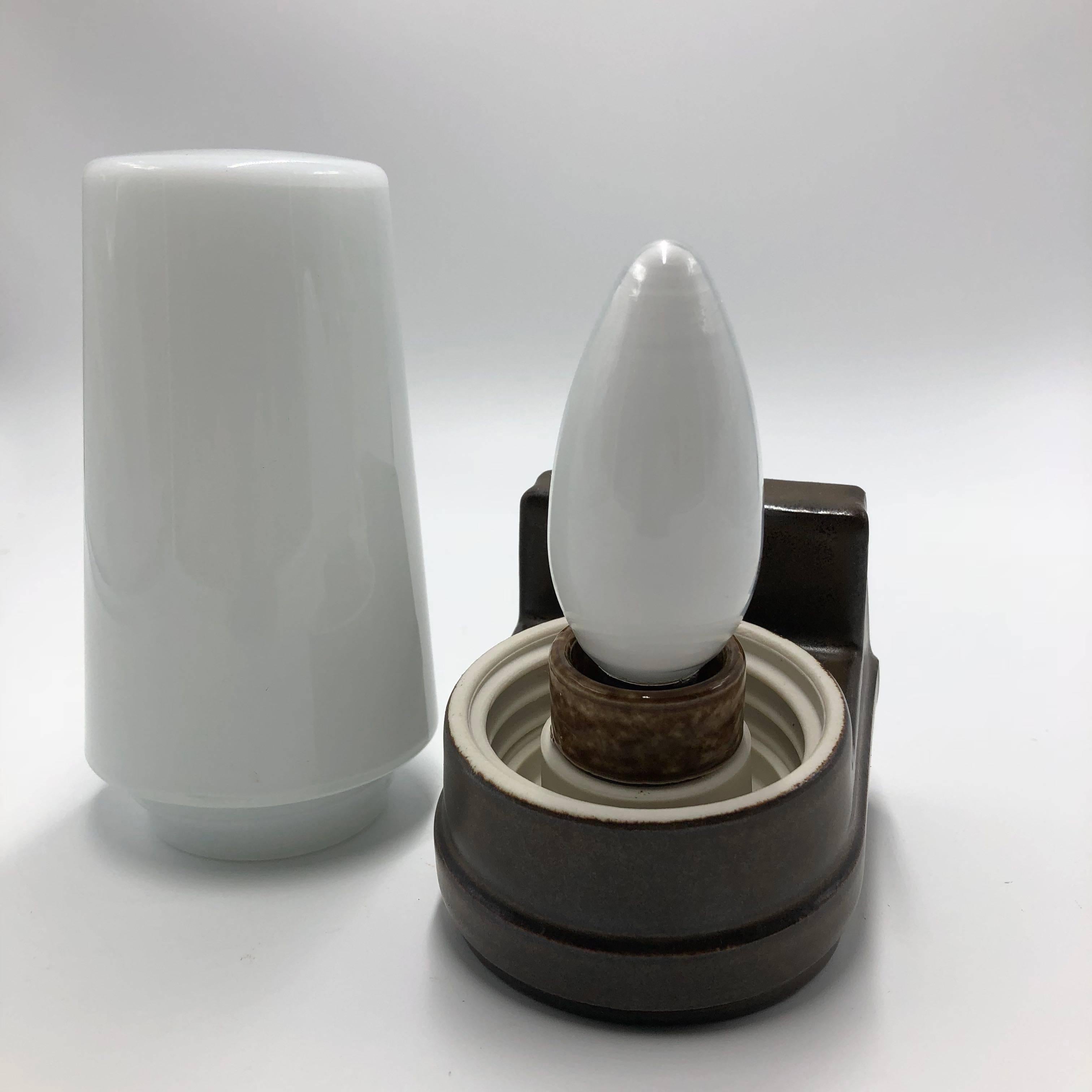 Swedish Brown Ceramic/White Glass, Wall Lamp by Ifö, Sweden, Design Sigvard Bernadotte For Sale