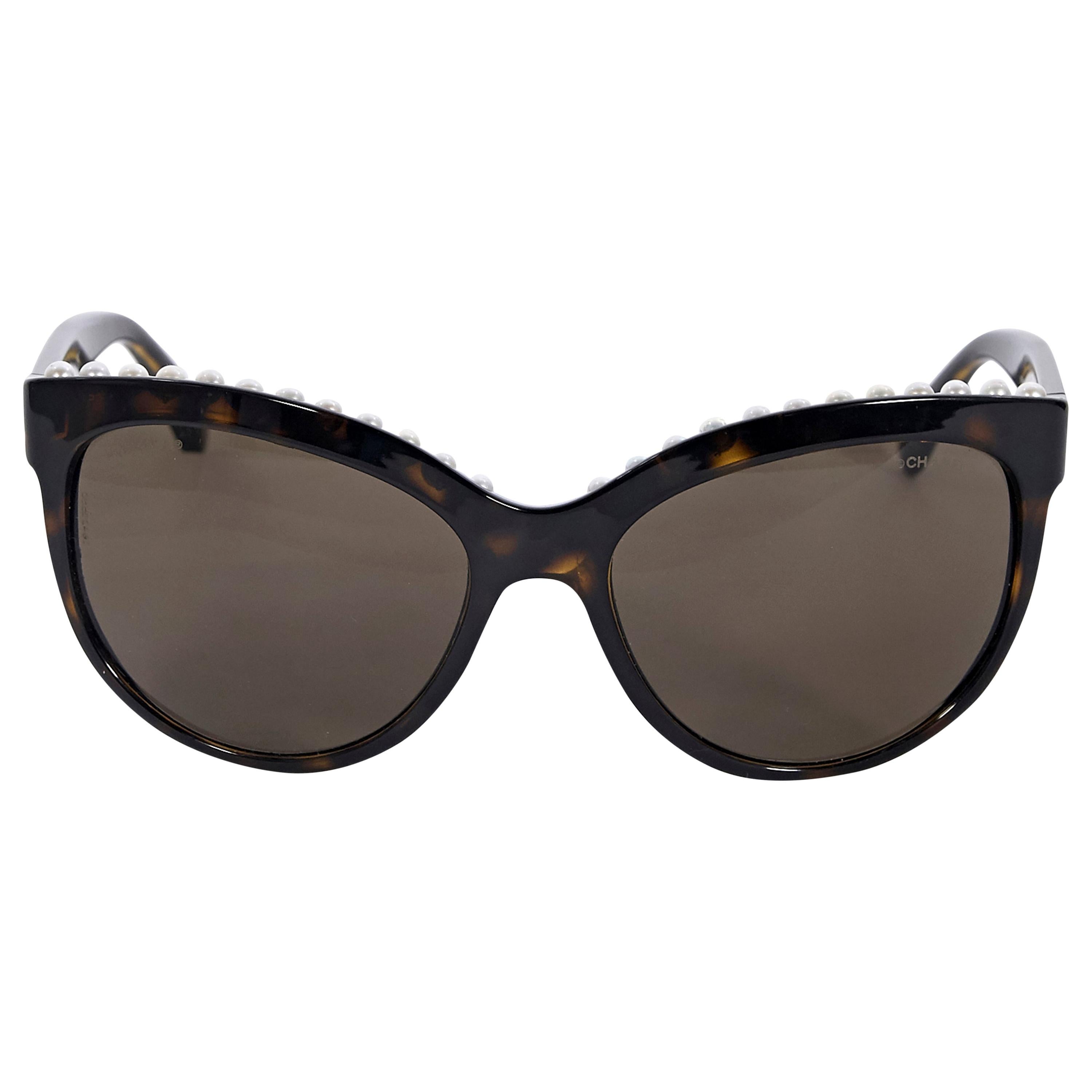 Chanel Brown Faux Pearl-Trimmed Sunglasses