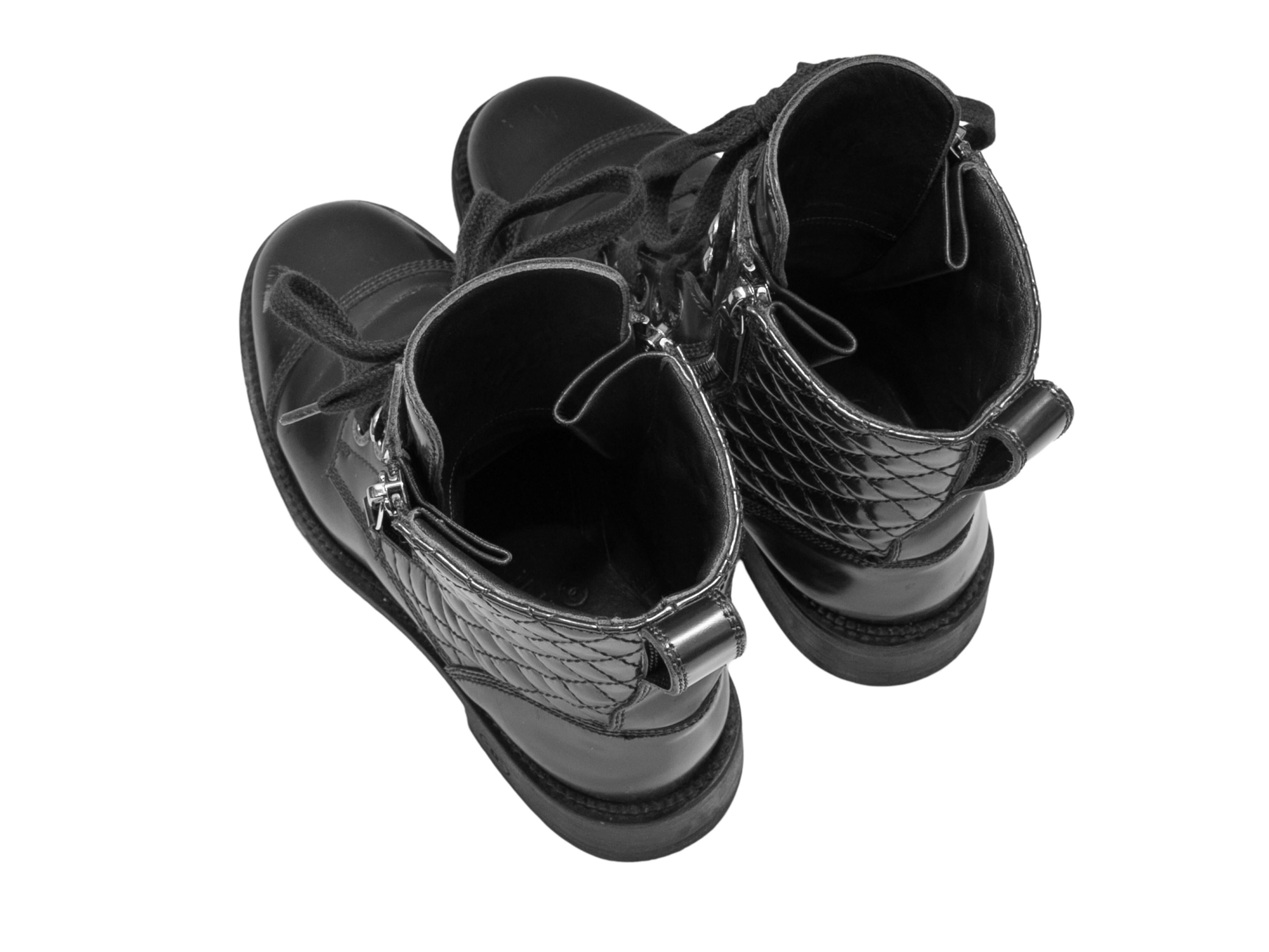 Black Brown Chanel Quilted Patent Combat Boots Size 36.5 For Sale