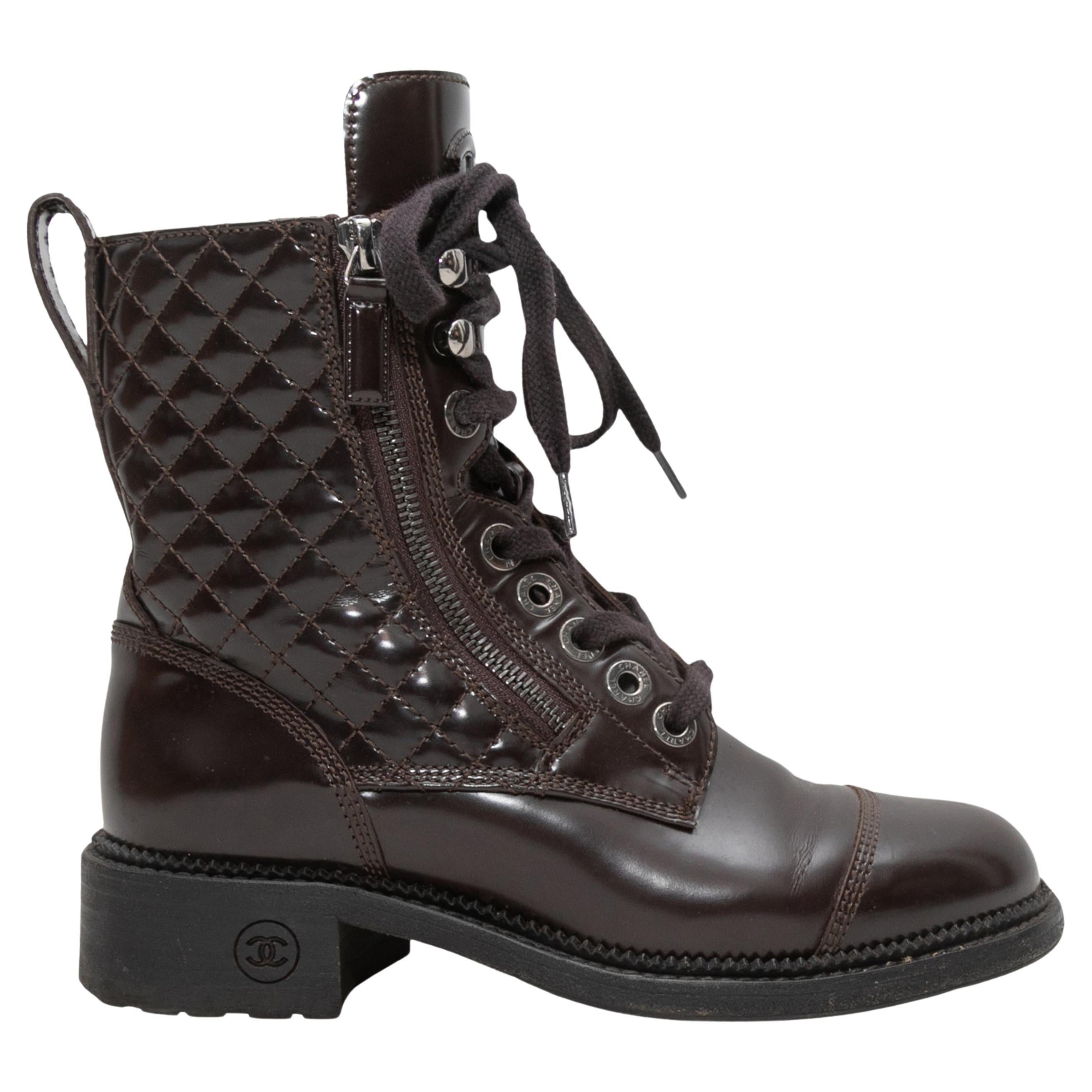 Brown Chanel Quilted Patent Combat Boots Size 36.5 For Sale