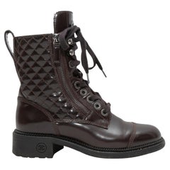 Brown Chanel Quilted Patent Combat Boots Size 36.5