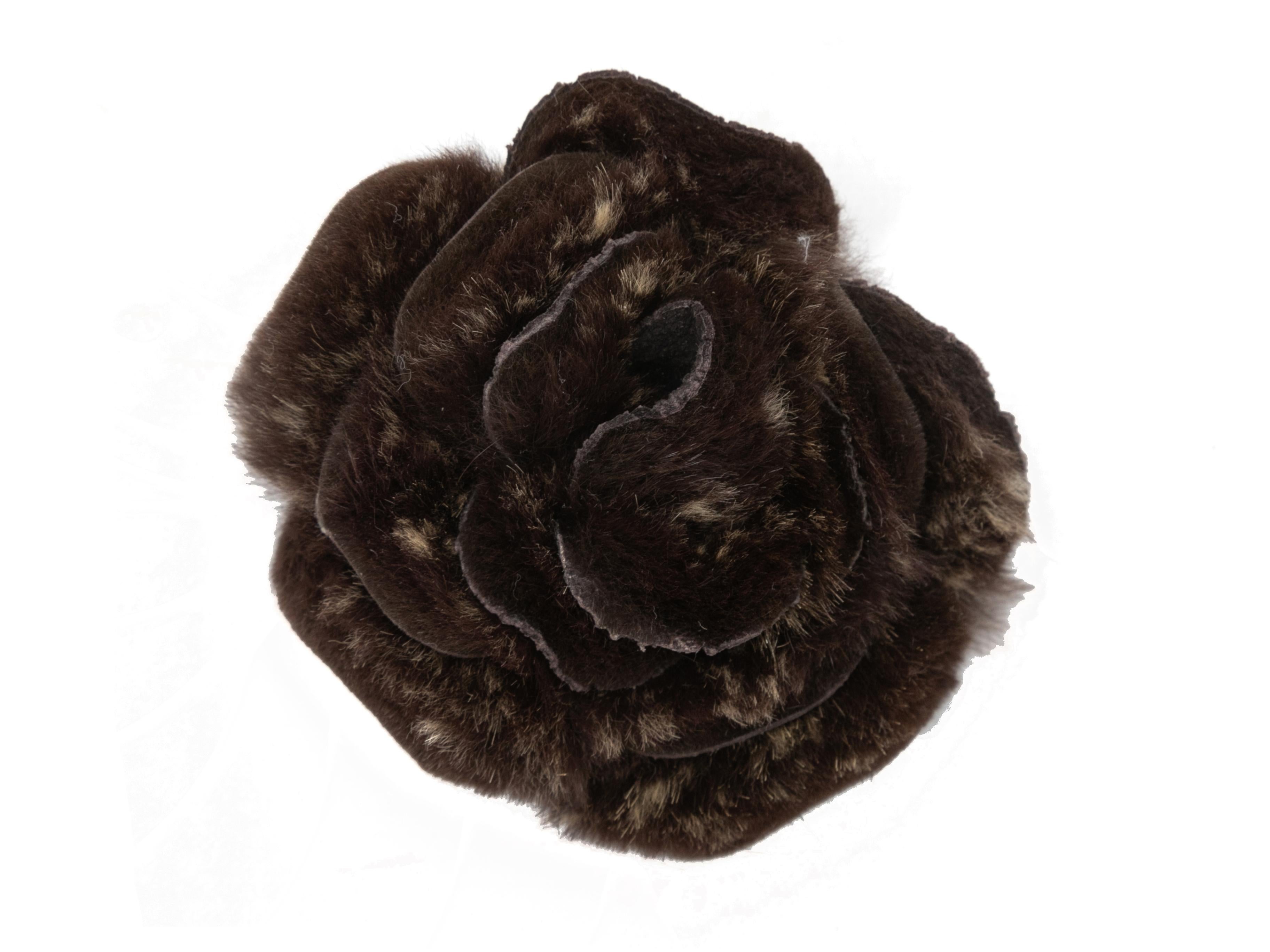 Brown rabbit fur camellia lapel pin by Chanel. 3.5