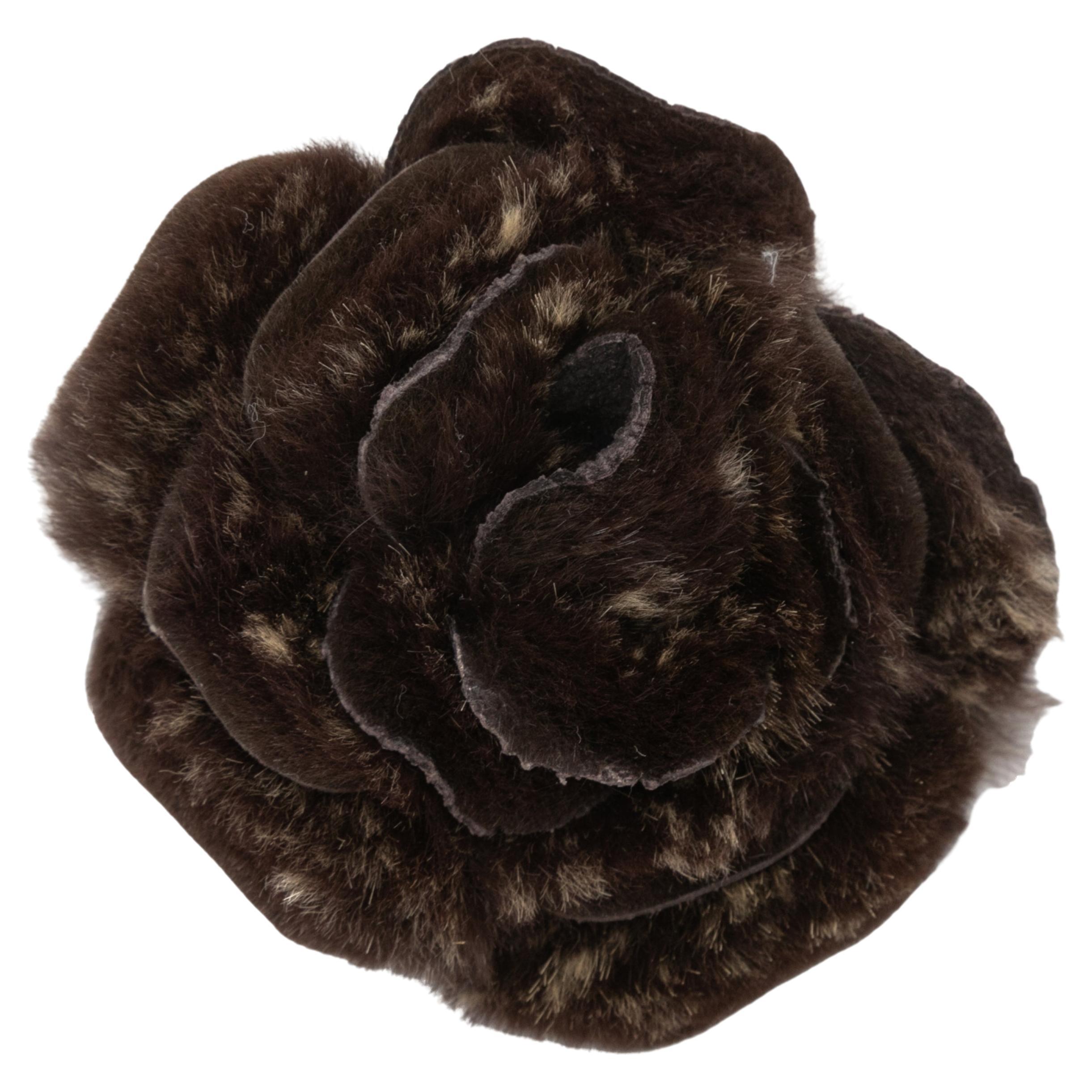 Brown Chanel Rabbit Fur Camellia Lapel Pin