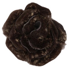 Used Brown Chanel Rabbit Fur Camellia Lapel Pin
