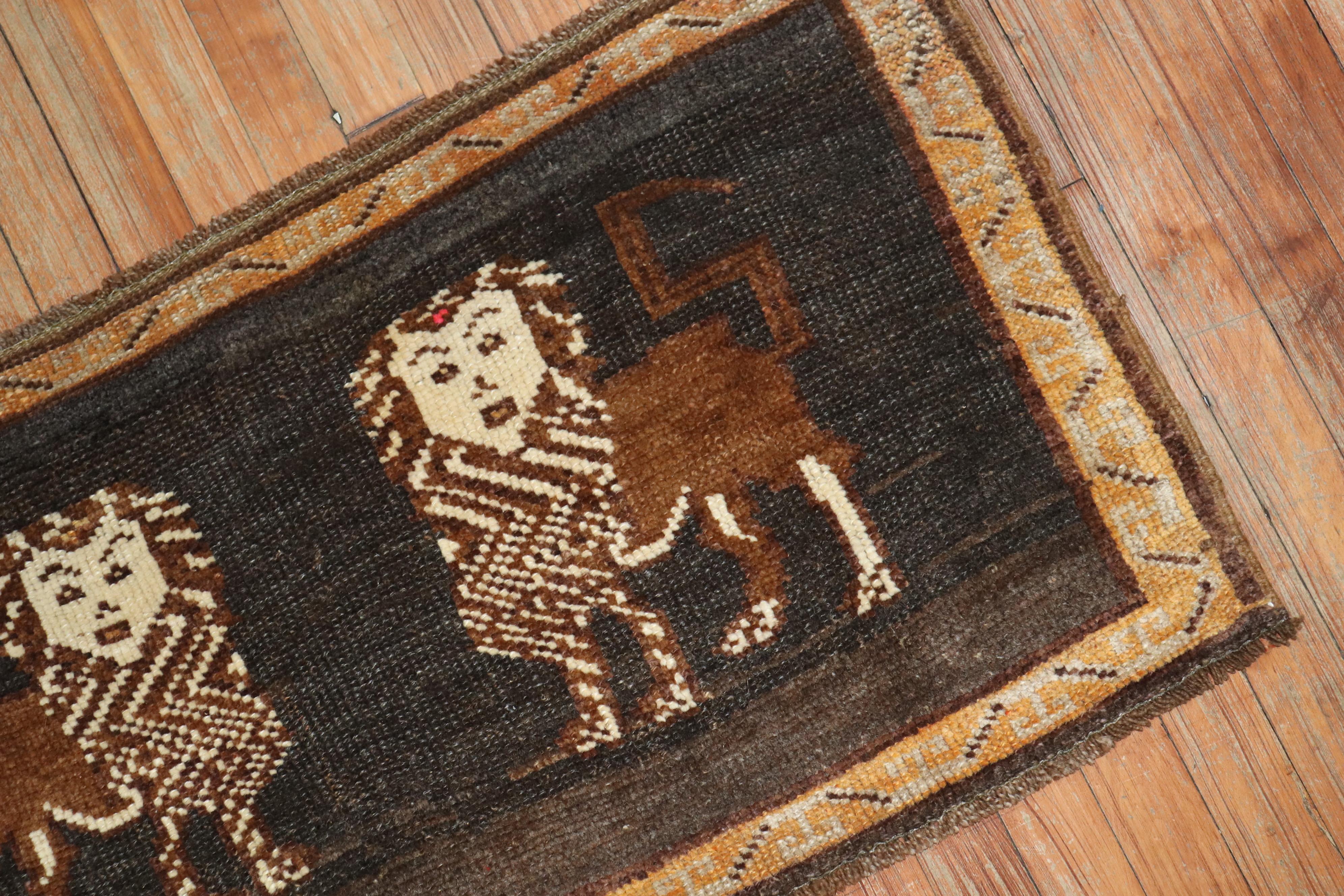 Folk Art Brown Charcoal Lion Pictorial Turkish 20th Century Wool Rug