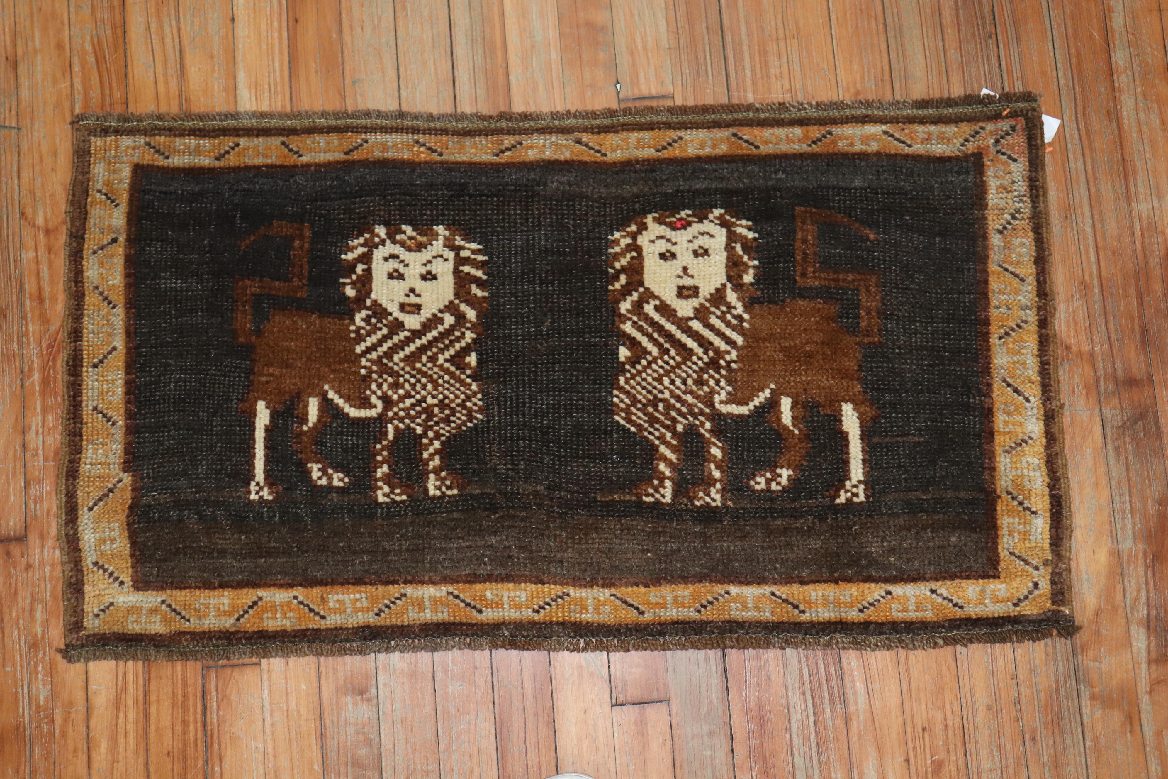 Brown Charcoal Lion Pictorial Turkish 20th Century Wool Rug In Good Condition In New York, NY