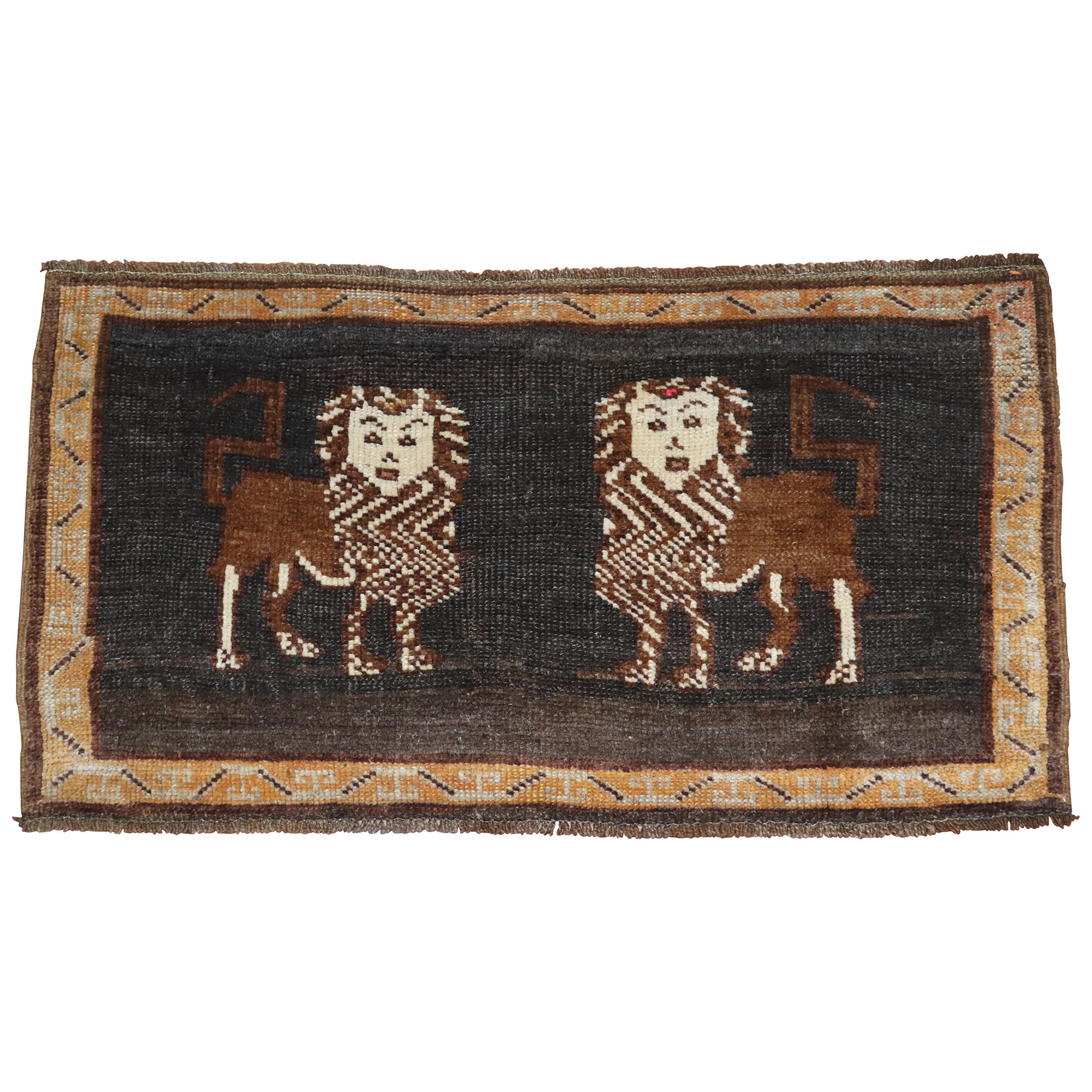 Brown Charcoal Lion Pictorial Turkish 20th Century Wool Rug
