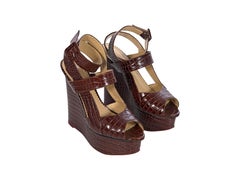 Charlotte Olympia Brown Leather Crocodile-Embossed Wedge Sandals