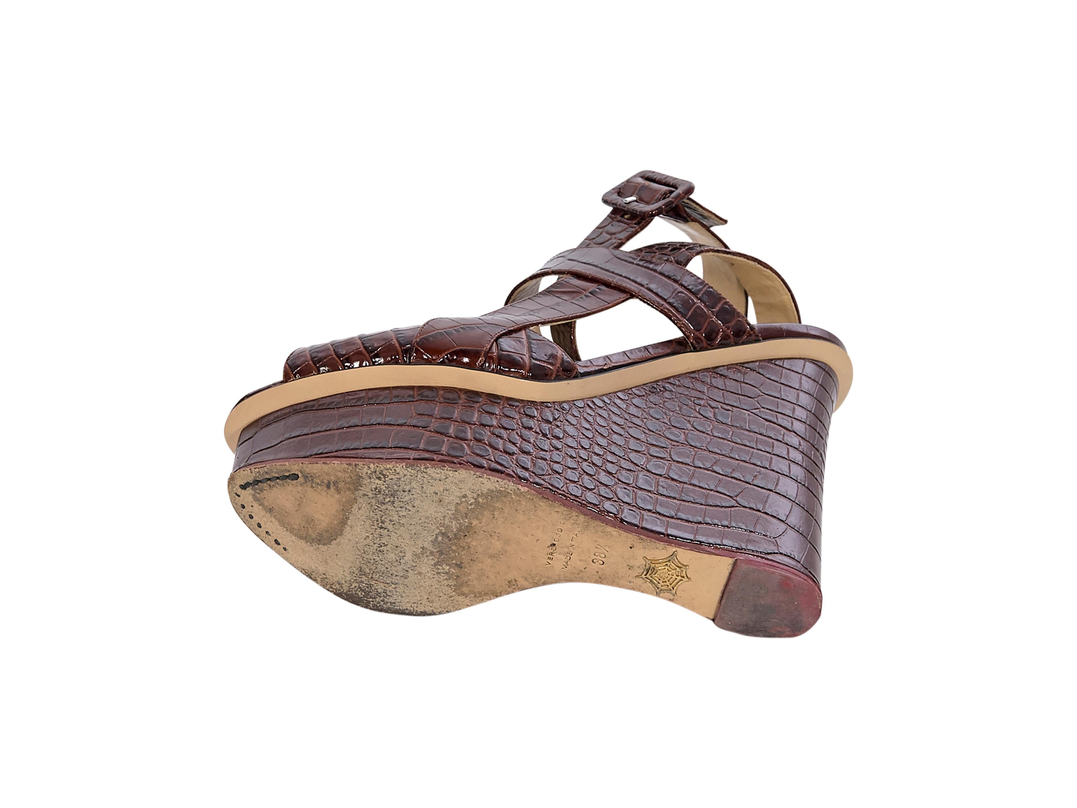 Charlotte Olympia Brown Leather Crocodile-Embossed Wedge Sandals In Good Condition In New York, NY