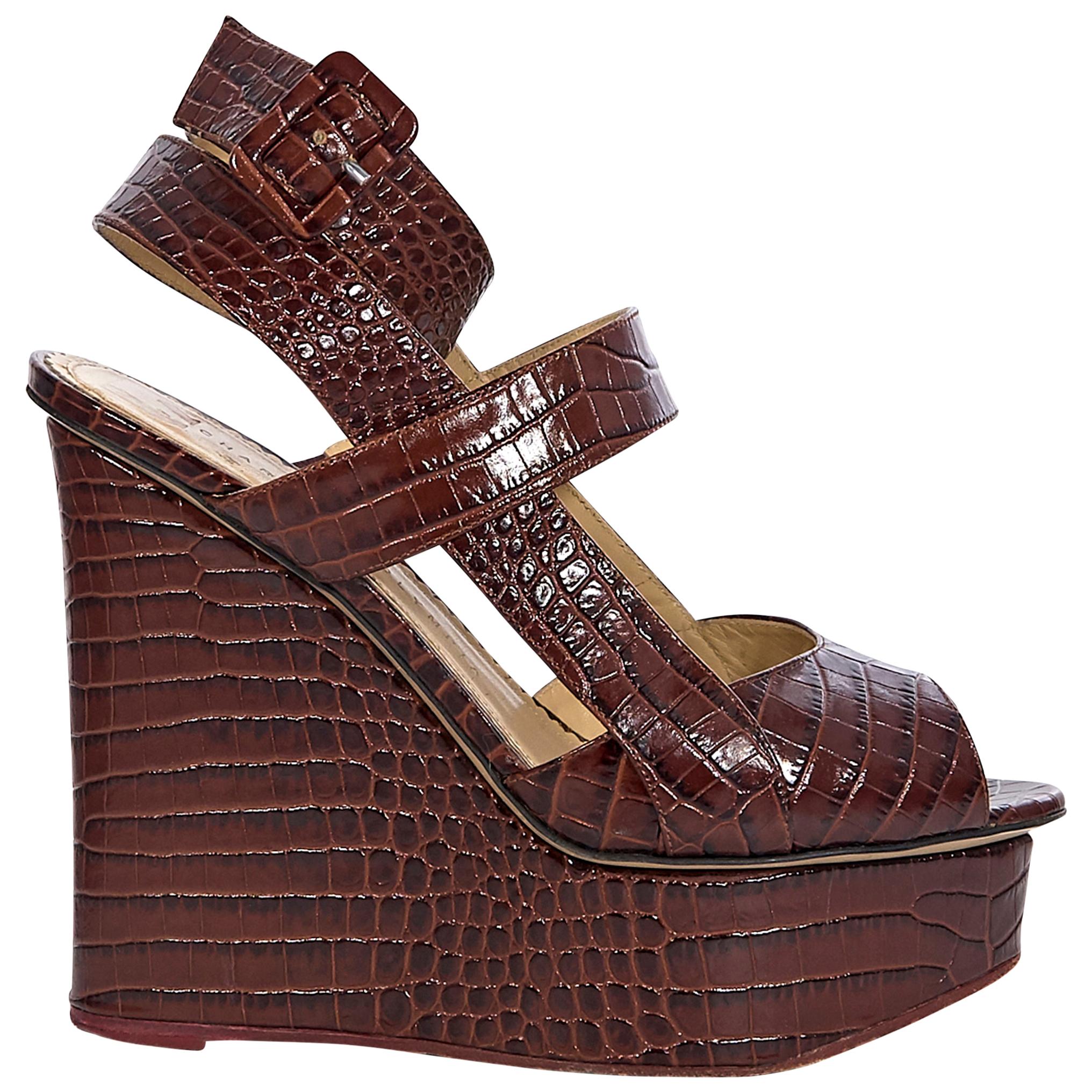 Charlotte Olympia Brown Leather Crocodile-Embossed Wedge Sandals