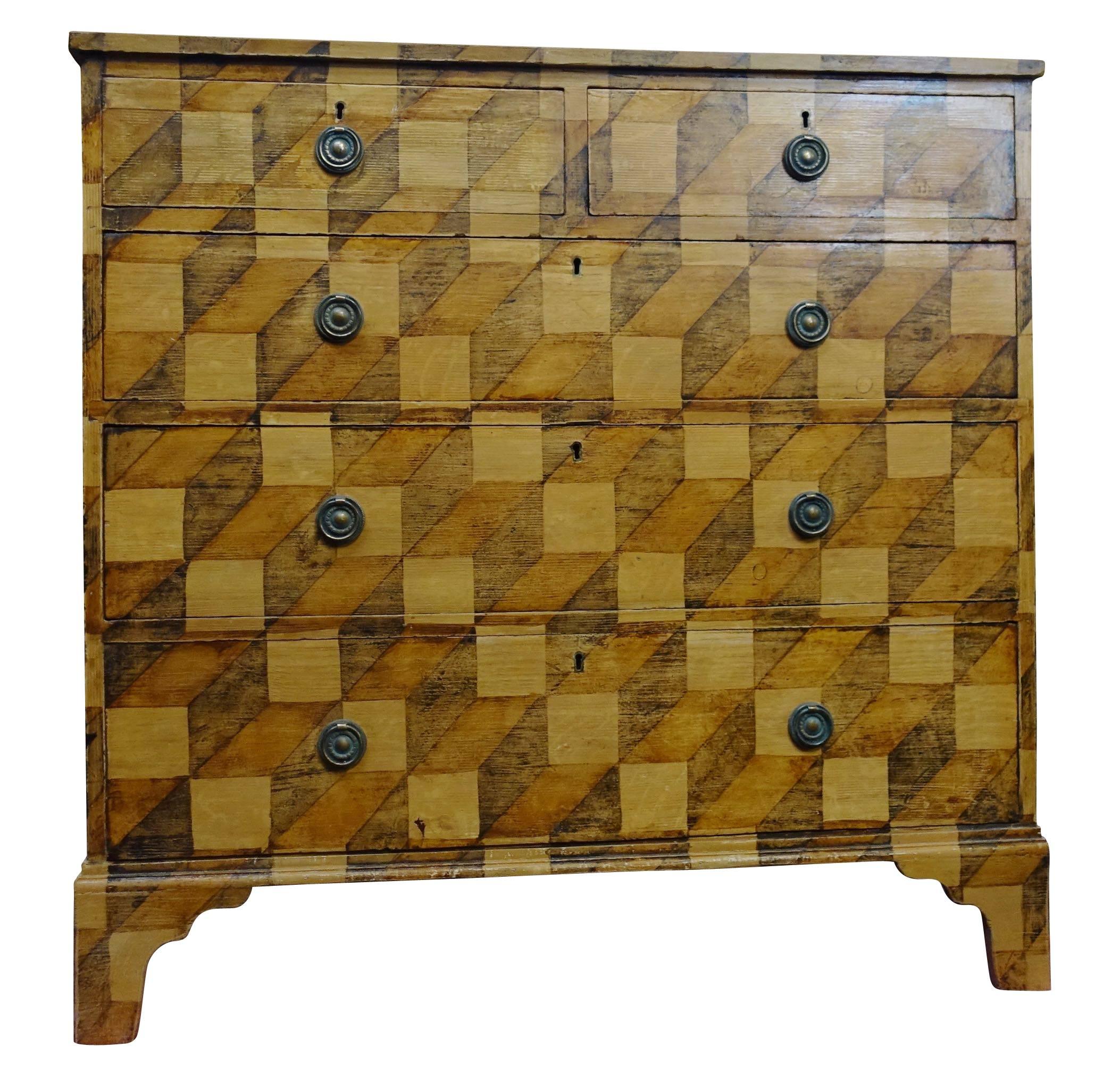 19th century faux painted by English craftsman on original 19th century mahogany five-drawer bureau.
Three dimensional decorative motif in shades of brown.

    
  