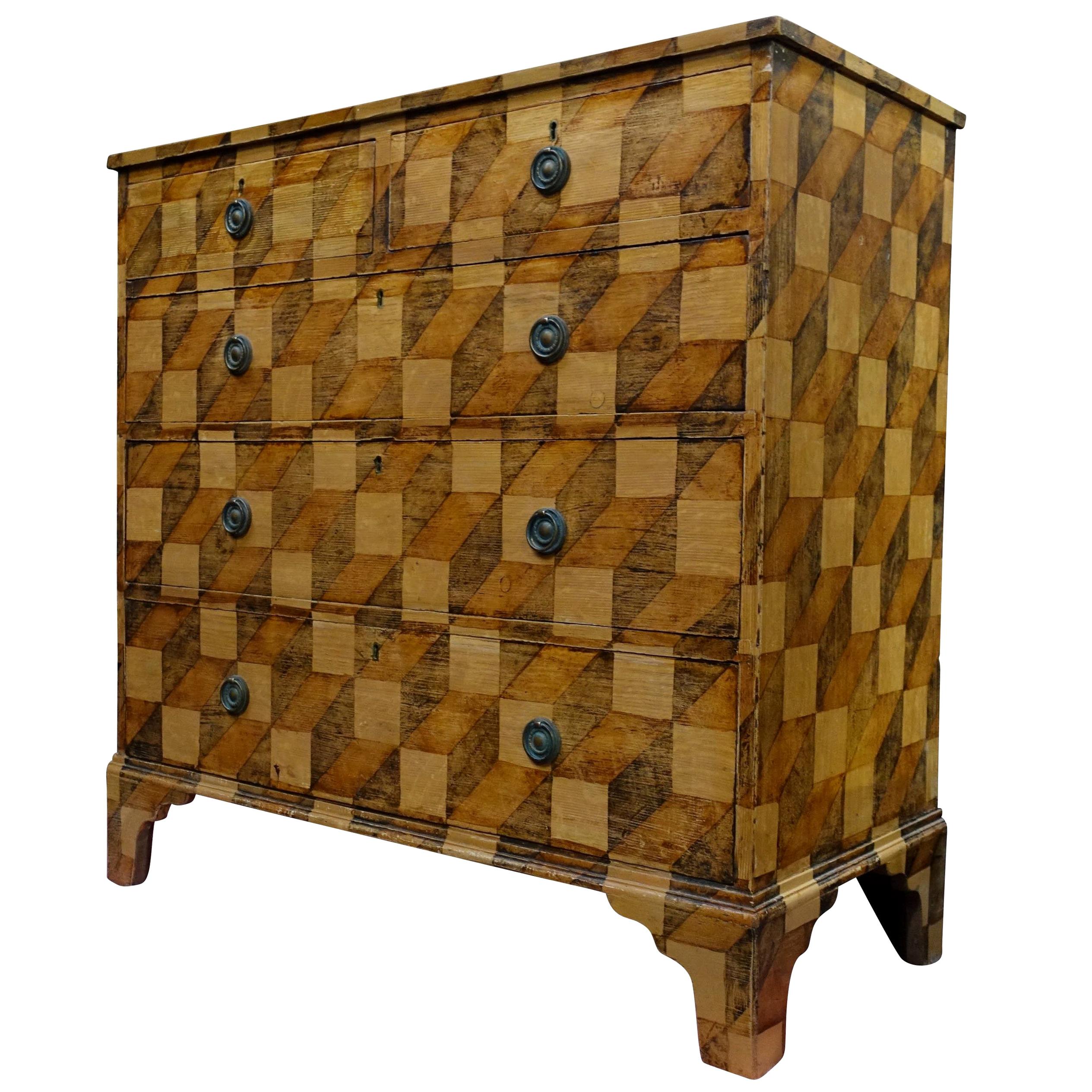 Brown Checkerboard Pattern Faux Painted Chest of Drawers, England, 19th Century