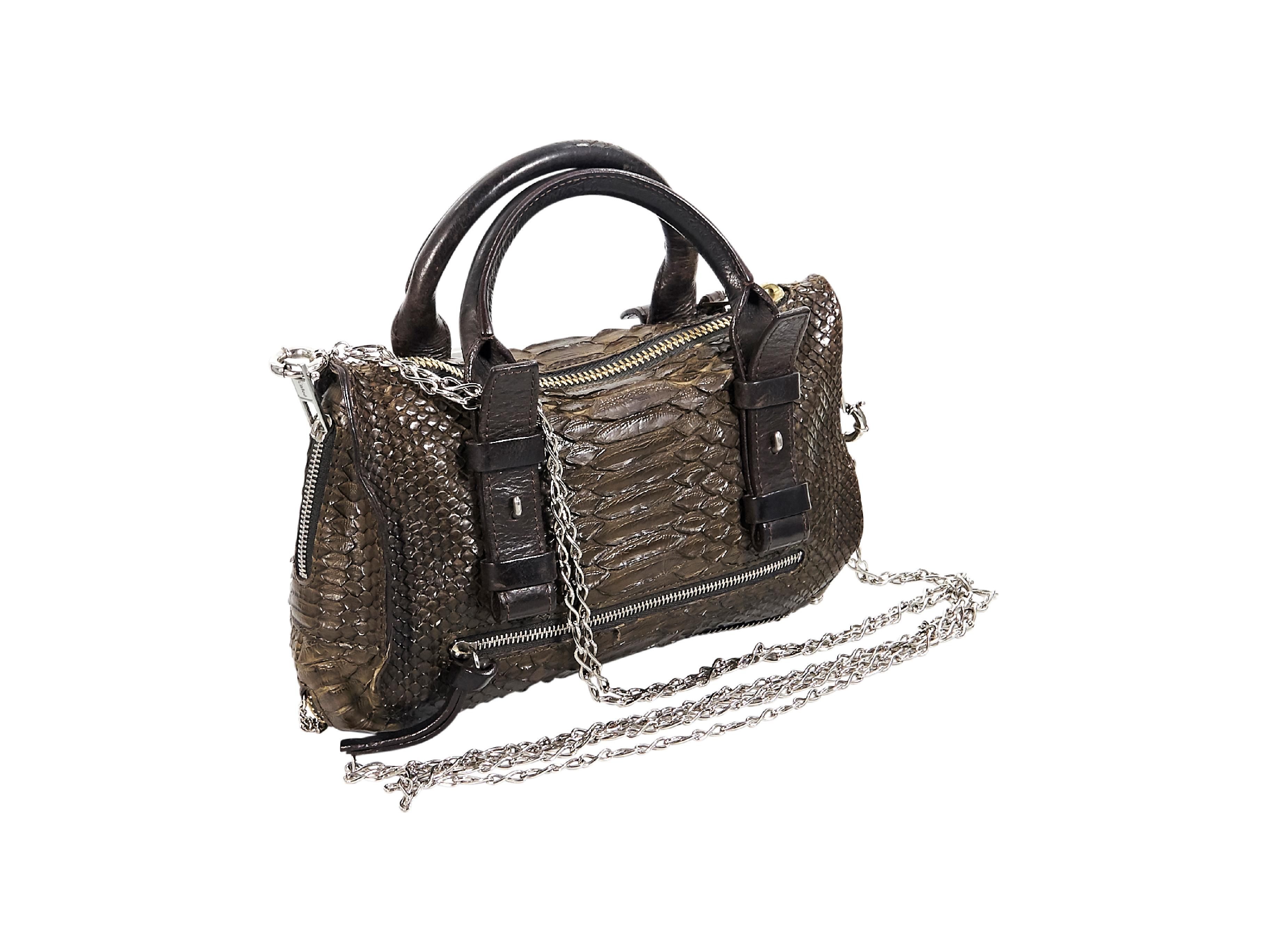 Product details:  Brown snakeskin crossbody bag by Chloe.  Dual carry handles.  Crossbody chains.  Top zip closure.  Leather lined interior.  Front exterior zip pocket.  Silvertone and goldtone hardware.  10.5