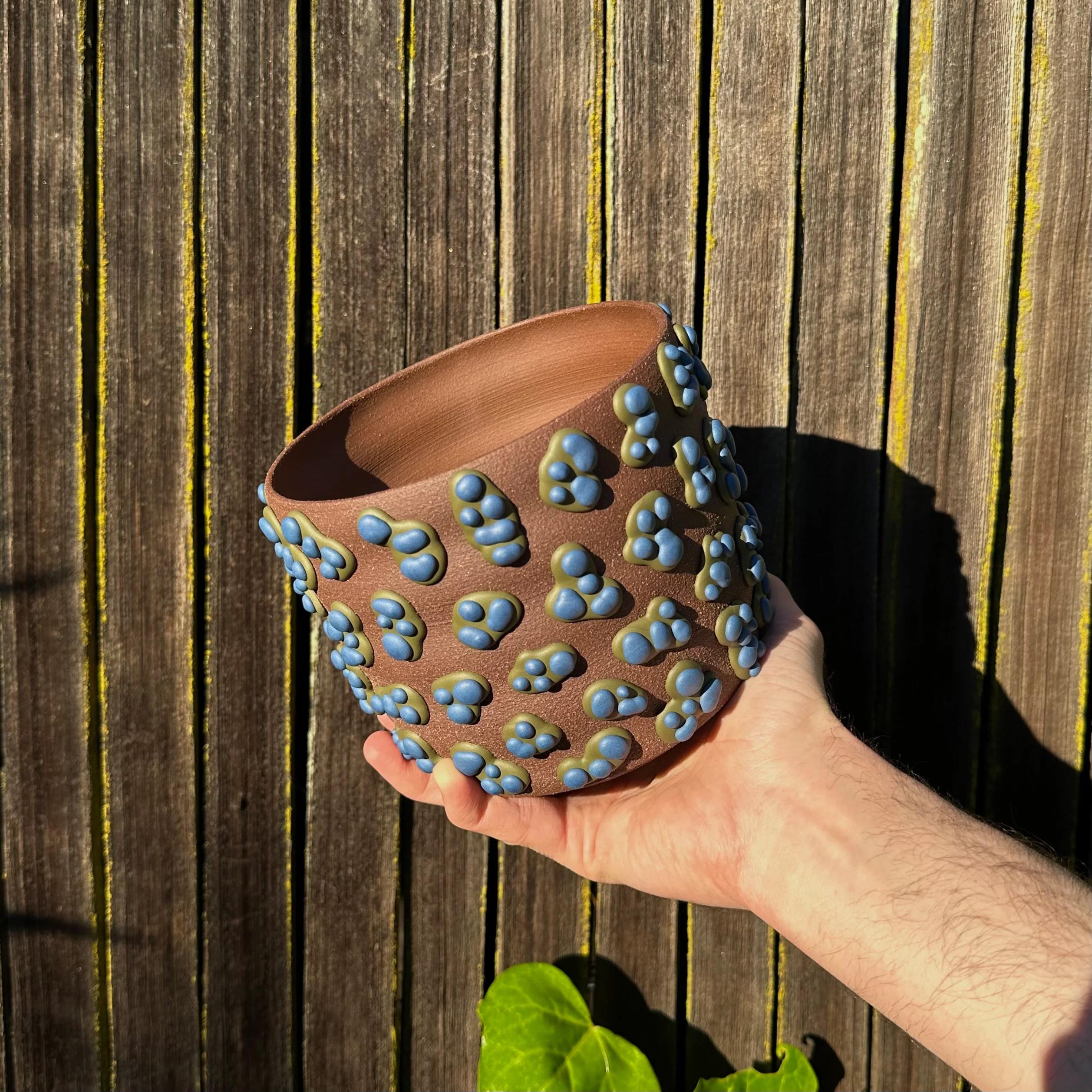 Mid-Century Modern Brown Clay Amoeba Matte Glazed Planter With Blue Dots For Sale