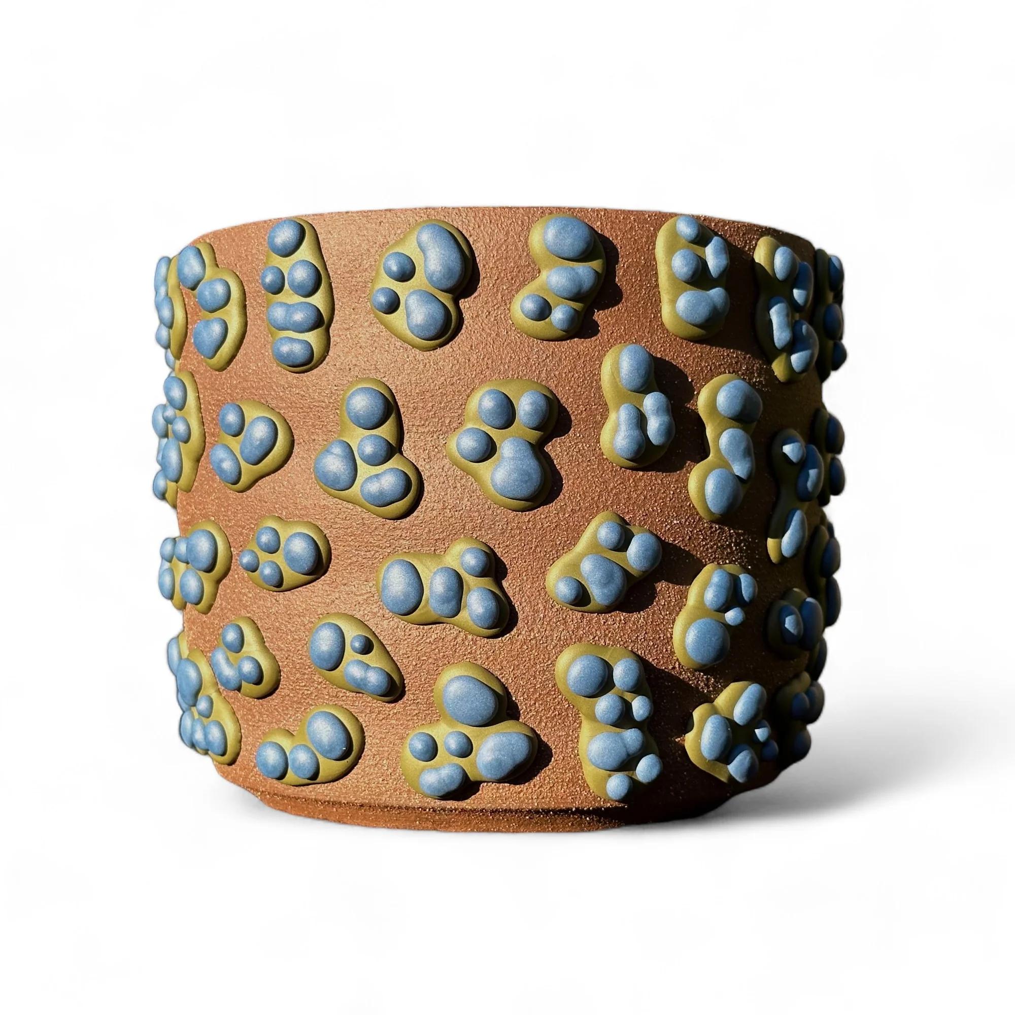American Brown Clay Amoeba Matte Glazed Planter With Blue Dots For Sale