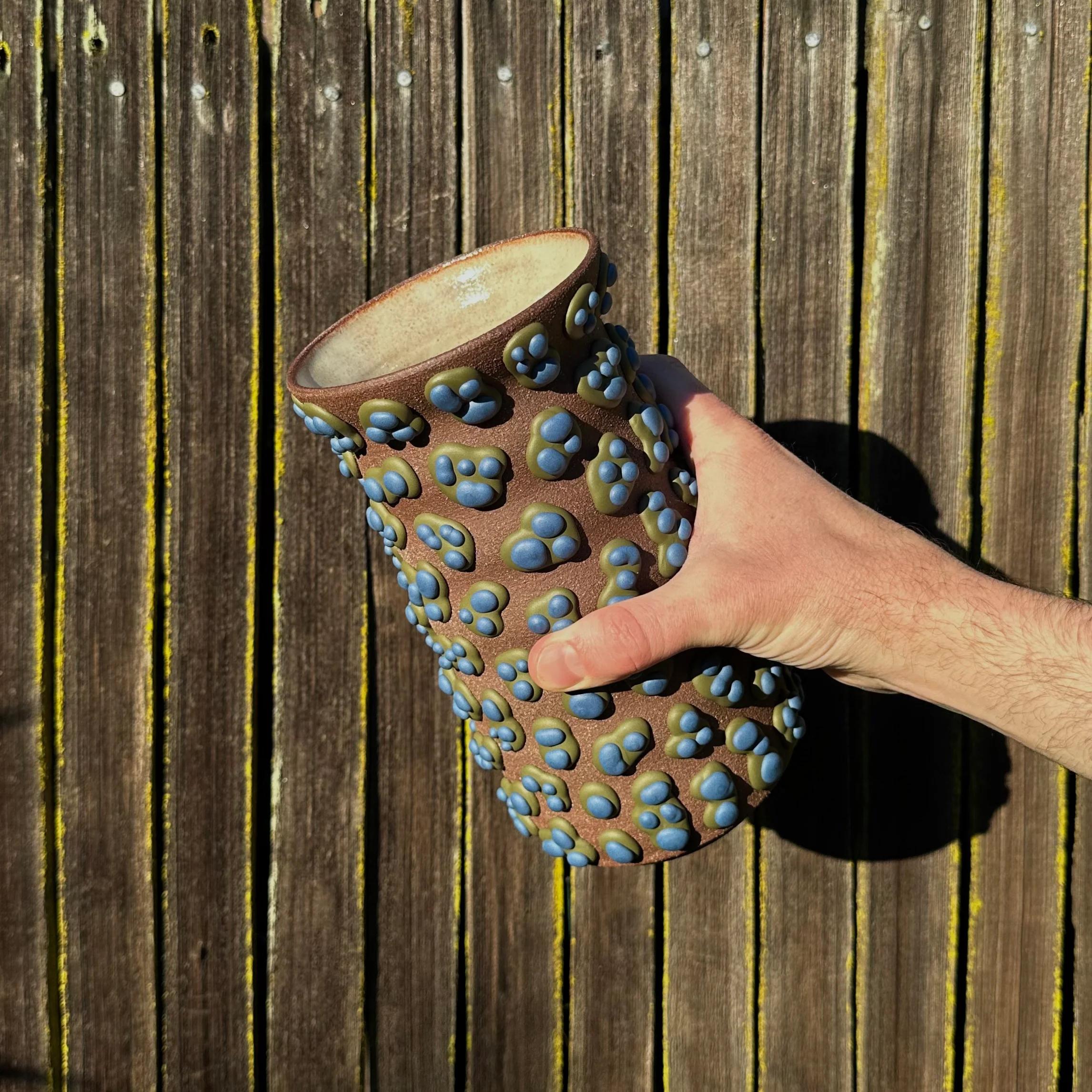 Mid-Century Modern Brown Clay Amoeba Matte Glazed Vase With Blue Dots