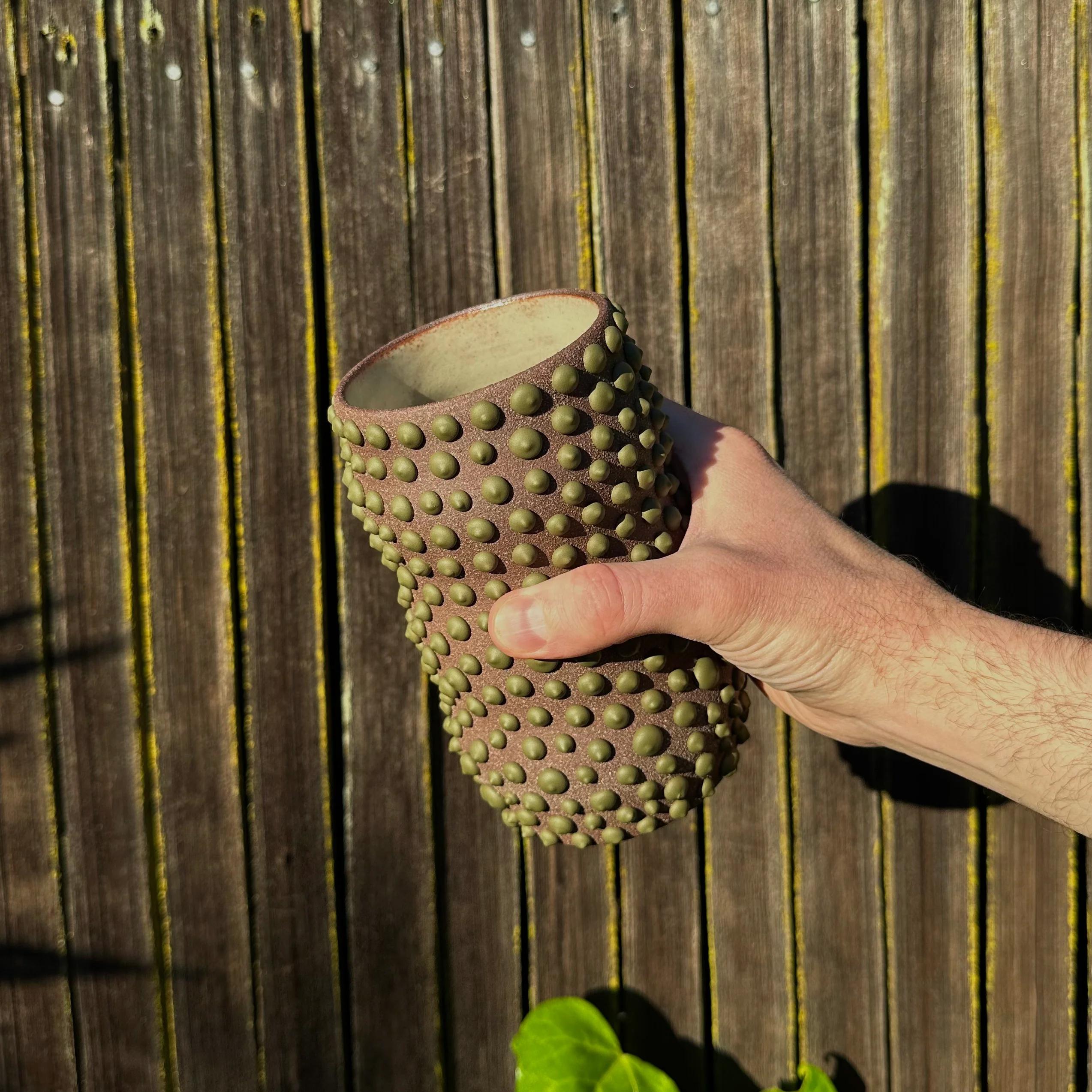 Mid-Century Modern Brown Clay Amoeba Matte Glazed Vase With Matcha Toned Dots For Sale