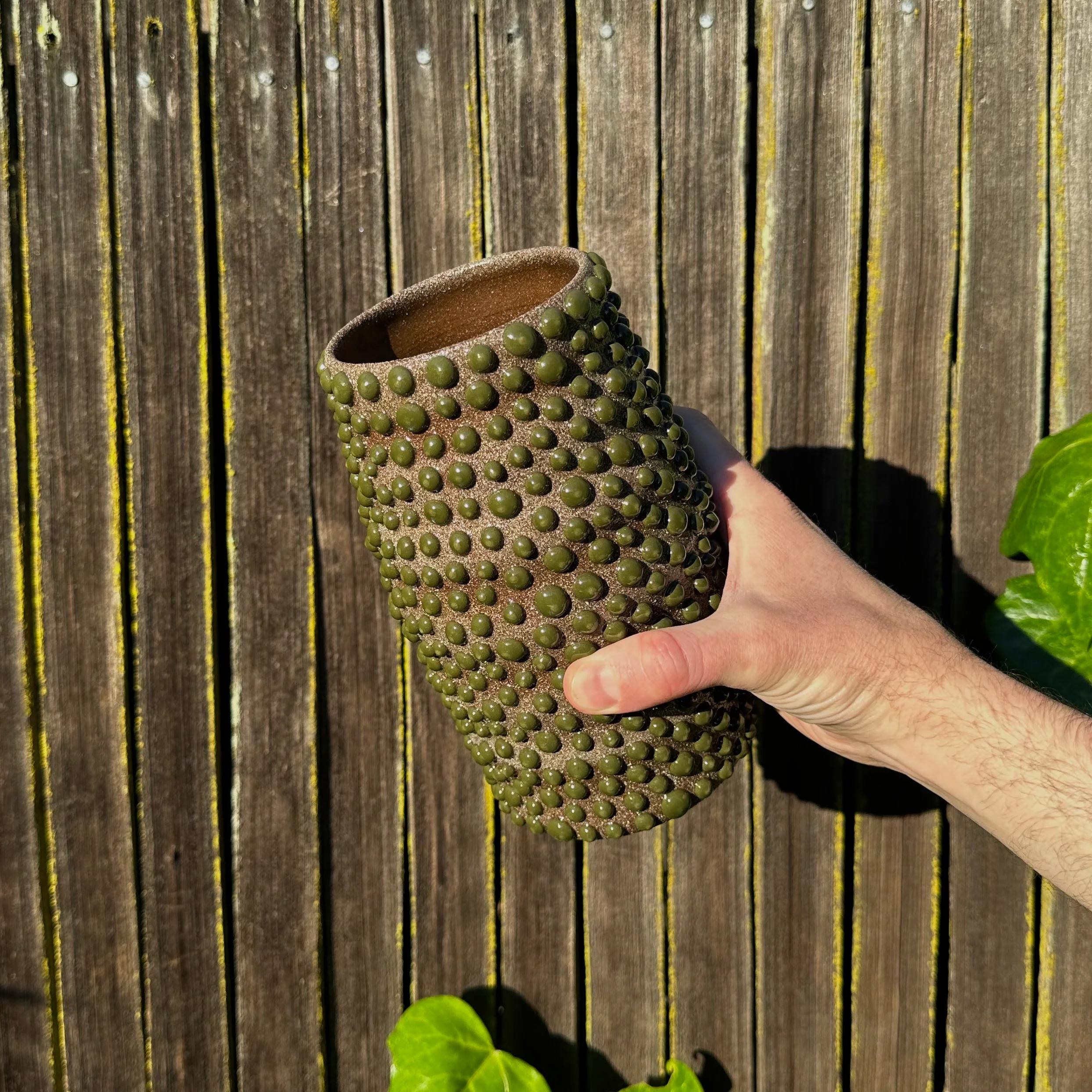 Mid-Century Modern Brown Clay Amoeba Matte Glazed Vase With Shiny Jade Dots For Sale