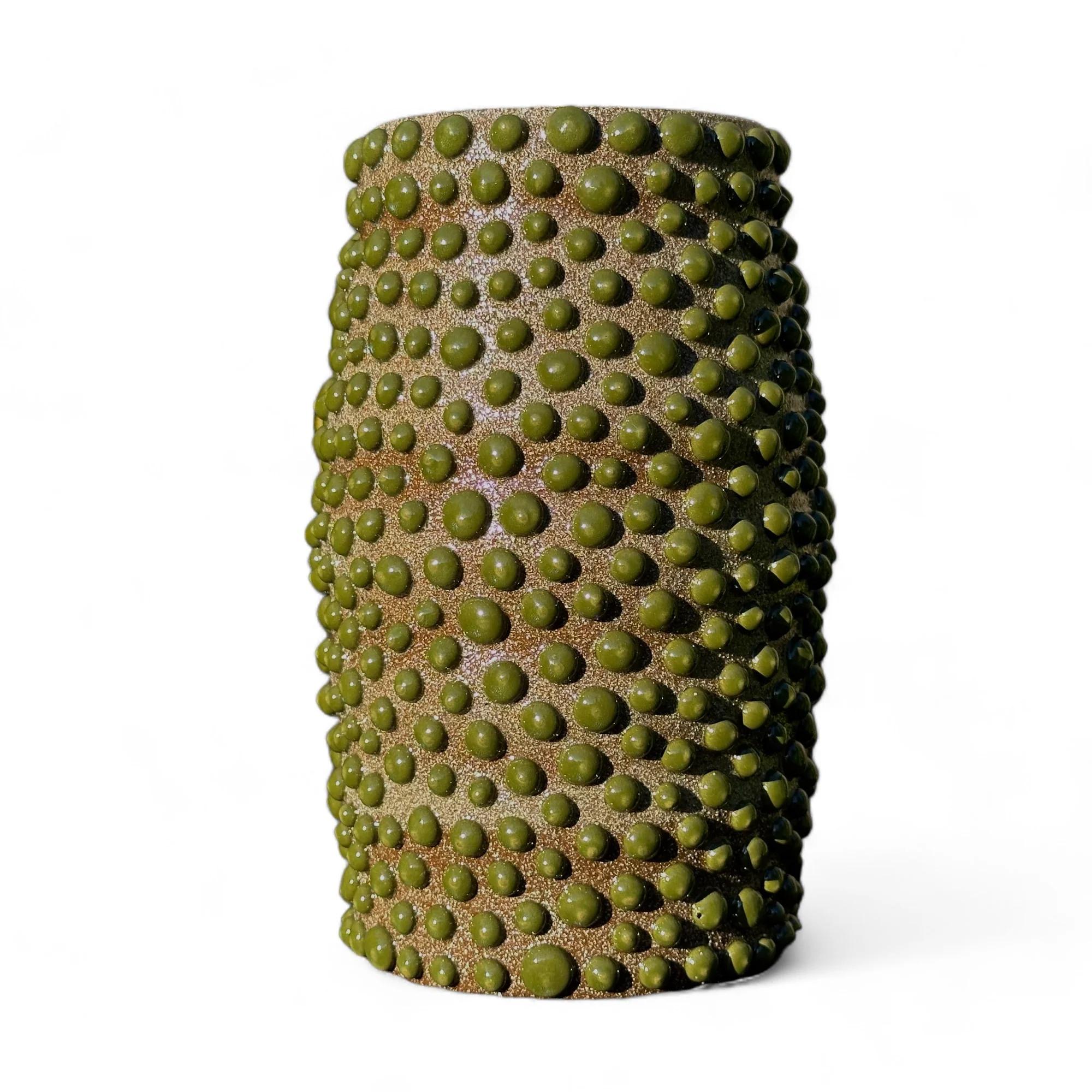 American Brown Clay Amoeba Matte Glazed Vase With Shiny Jade Dots For Sale