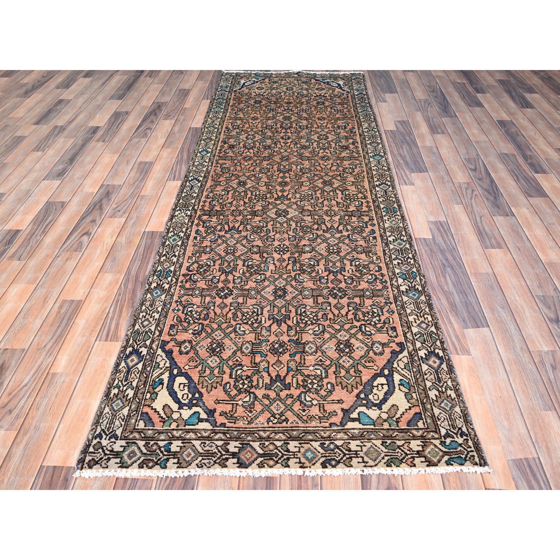 Medieval Brown Clean Distressed Look Old Persian Hussainabad Wool Runner Hand Knotted Rug For Sale