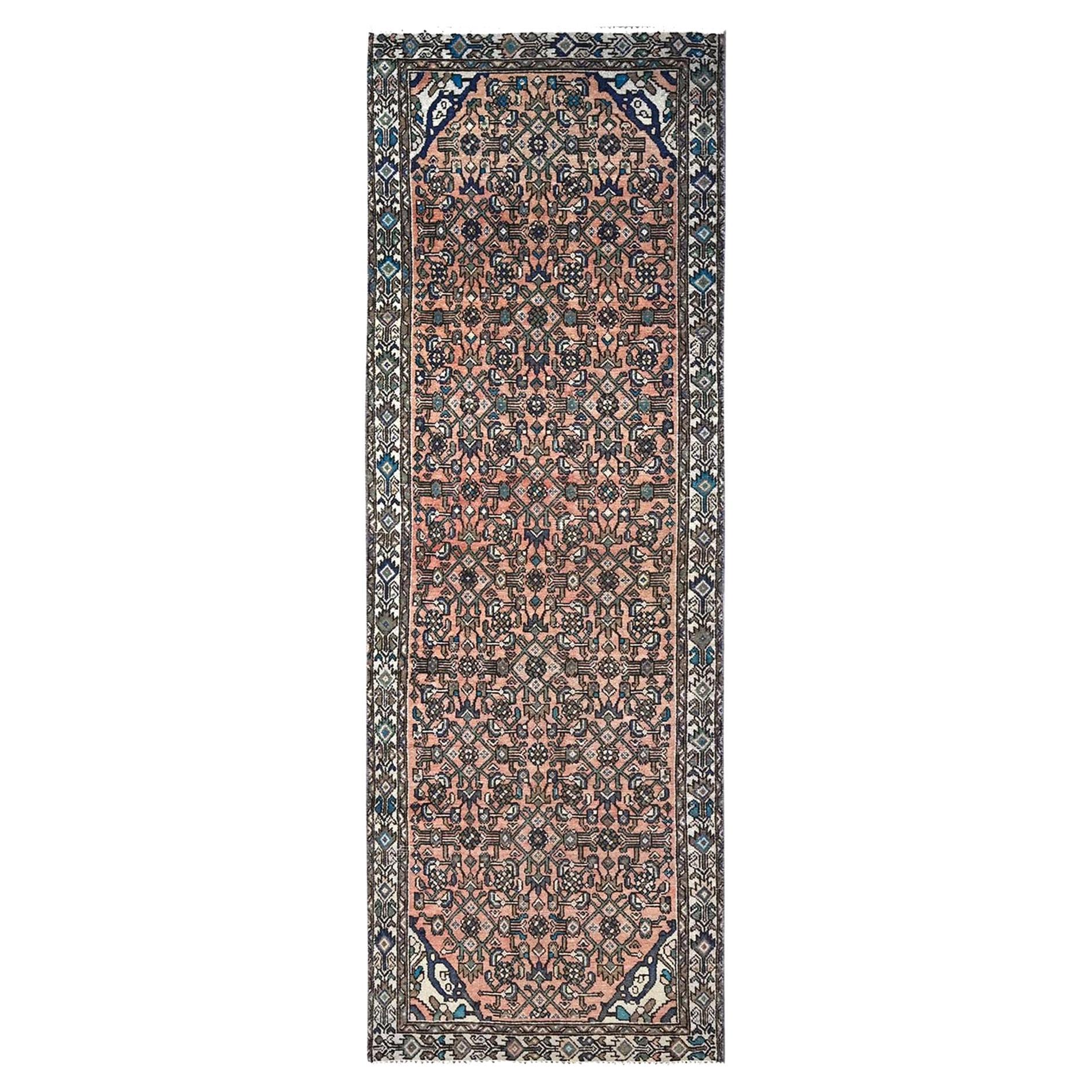 Brown Clean Distressed Look Old Persian Hussainabad Wool Runner Hand Knotted Rug For Sale