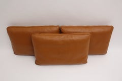 Brown Cognac Stitched Leather Vintage Three Large Pillows, 1970s, Switzerland