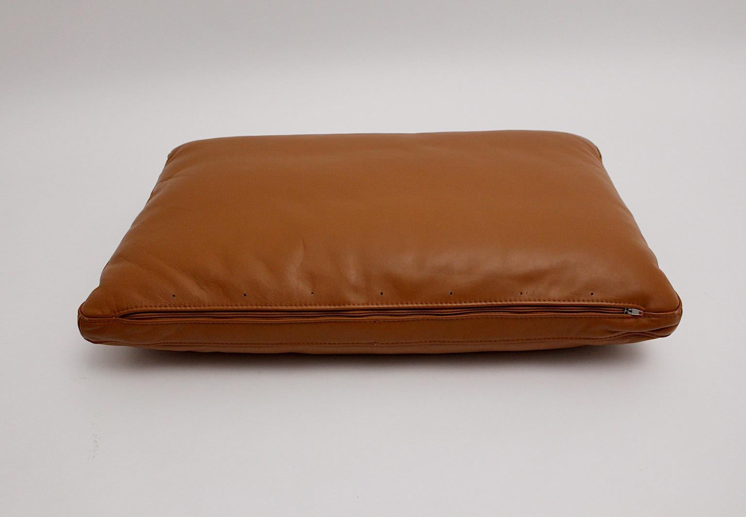 Swiss Brown Cognac Stitched Leather Vintage Three Large Pillows, 1970s, Switzerland For Sale