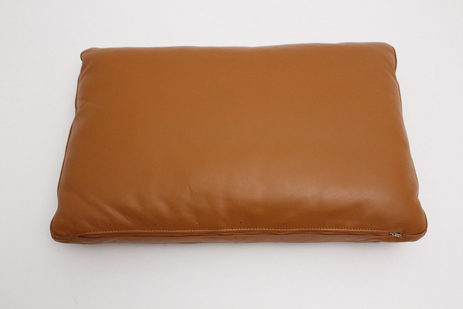 Brown Cognac Stitched Leather Vintage Three Large Pillows, 1970s, Switzerland In Good Condition For Sale In Vienna, AT