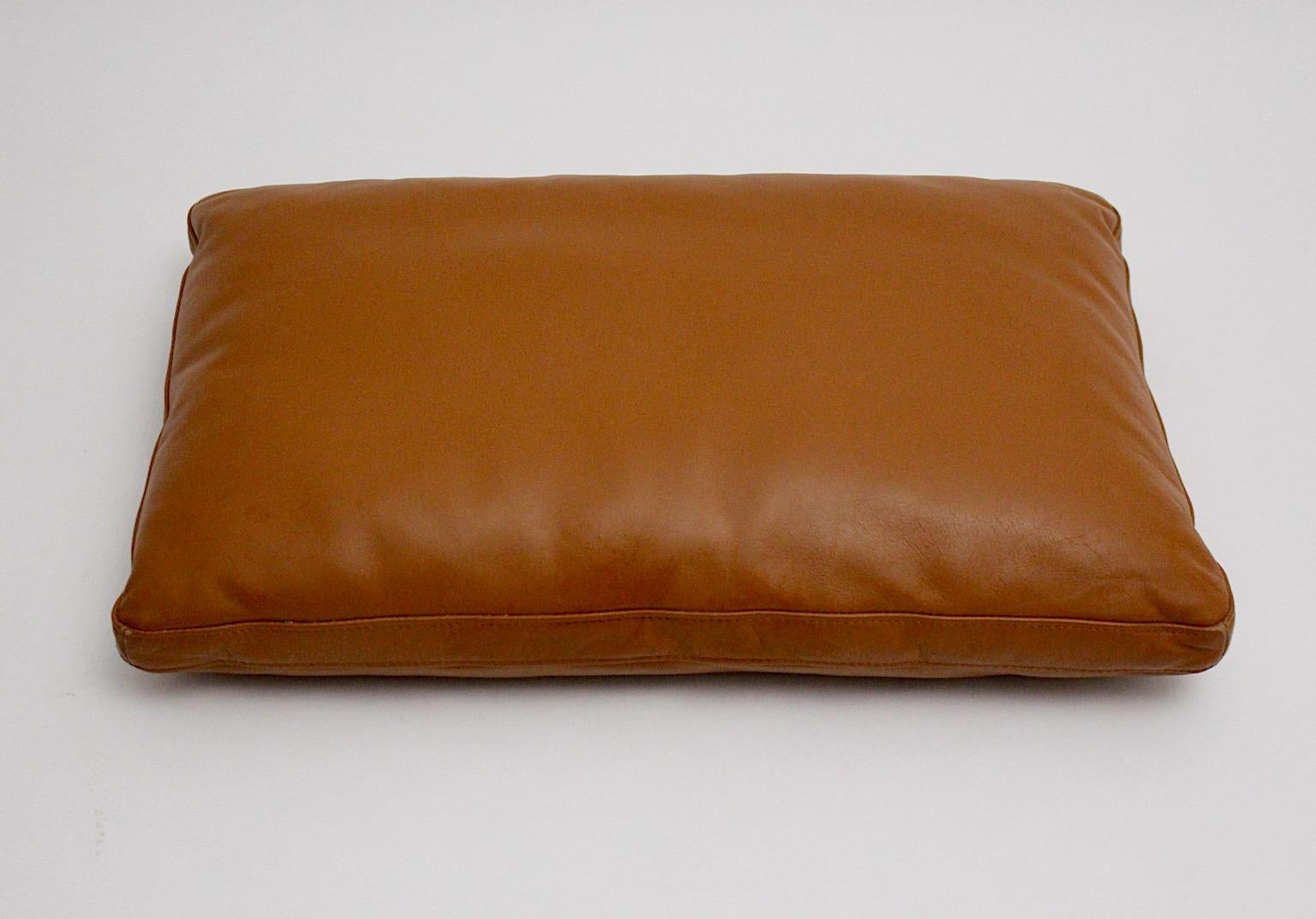 Late 20th Century Brown Cognac Stitched Leather Vintage Three Large Pillows, 1970s, Switzerland For Sale