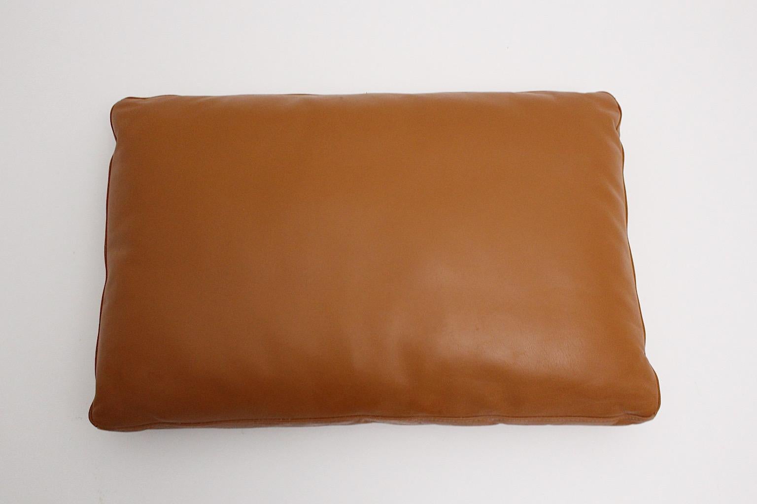 Brown Cognac Stitched Leather Vintage Three Large Pillows, 1970s, Switzerland For Sale 1