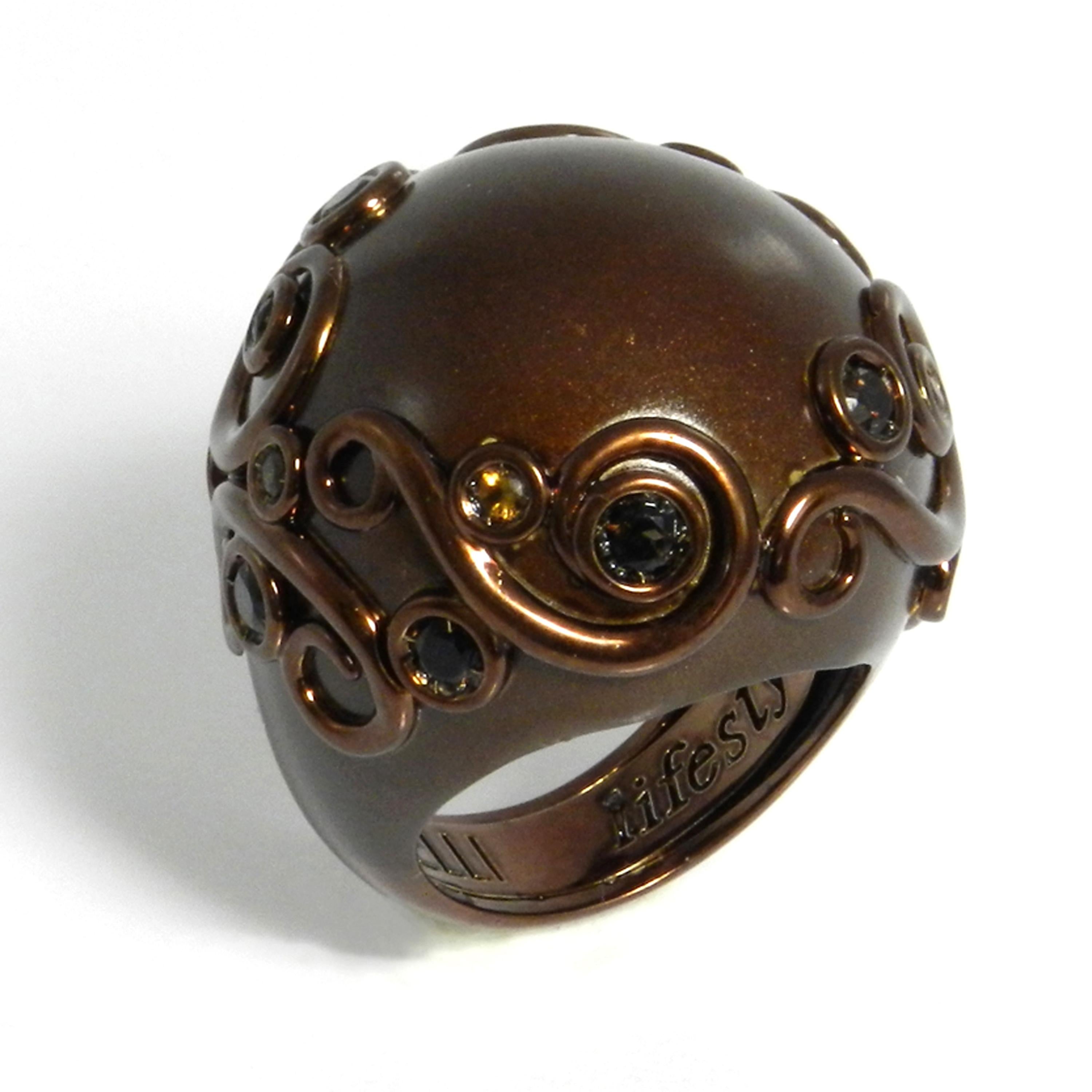 Brown Color Enamel Round Silver Ring with Citrine and Smoky Quartz For Sale 3