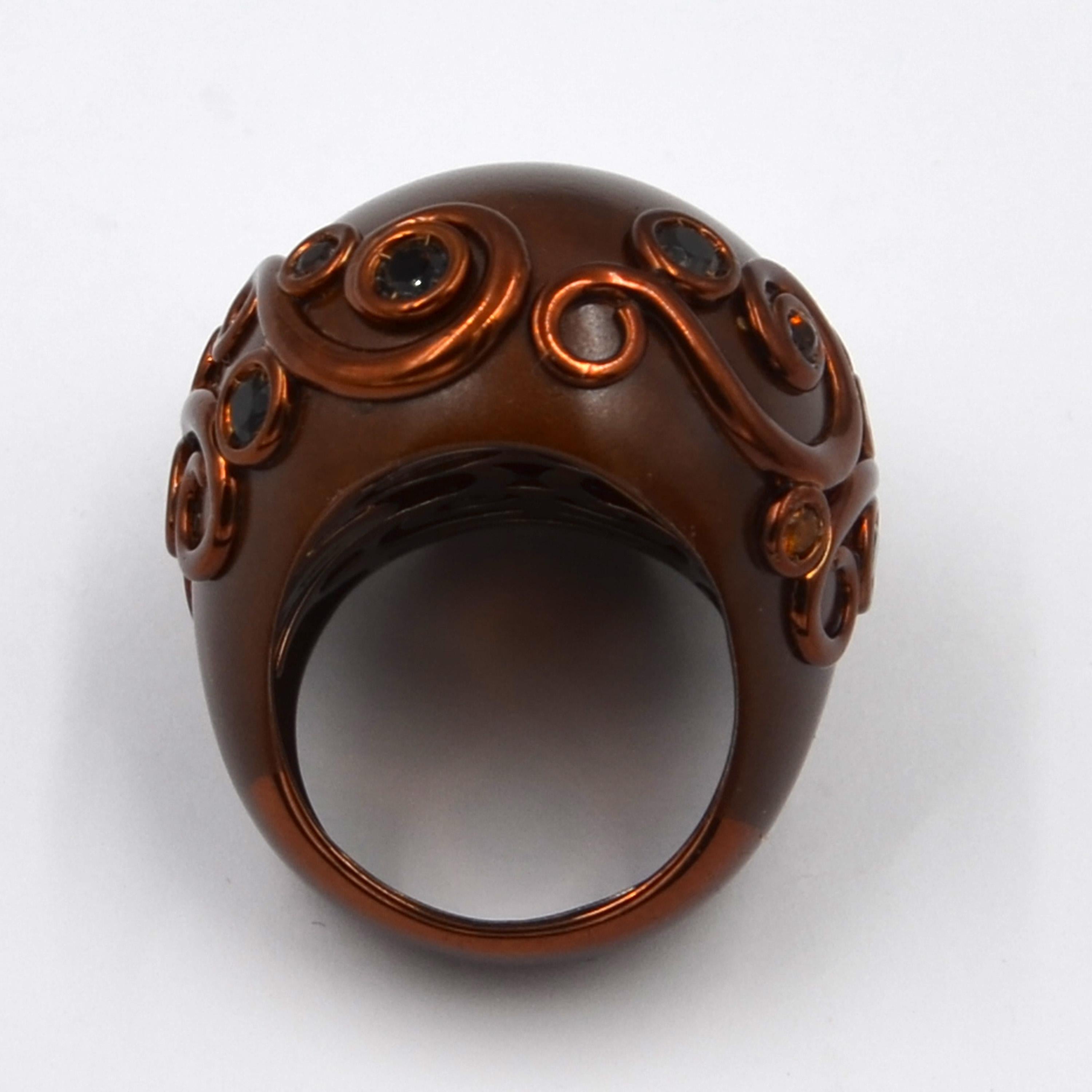 Round Cut Brown Color Enamel Round Silver Ring with Citrine and Smoky Quartz For Sale