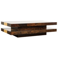 Brown Colored Italian Two-Tiered Sliding Coffee Table with Hidden Bar, Aldo Tura