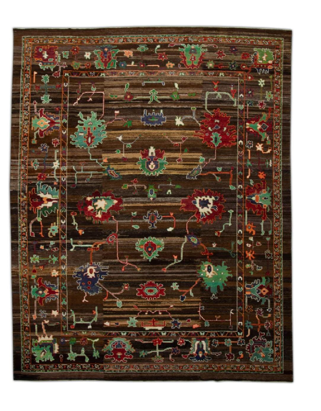 Contemporary Brown Colorful Floral Design Handwoven Old Wool Turkish Oushak Rug 10'2