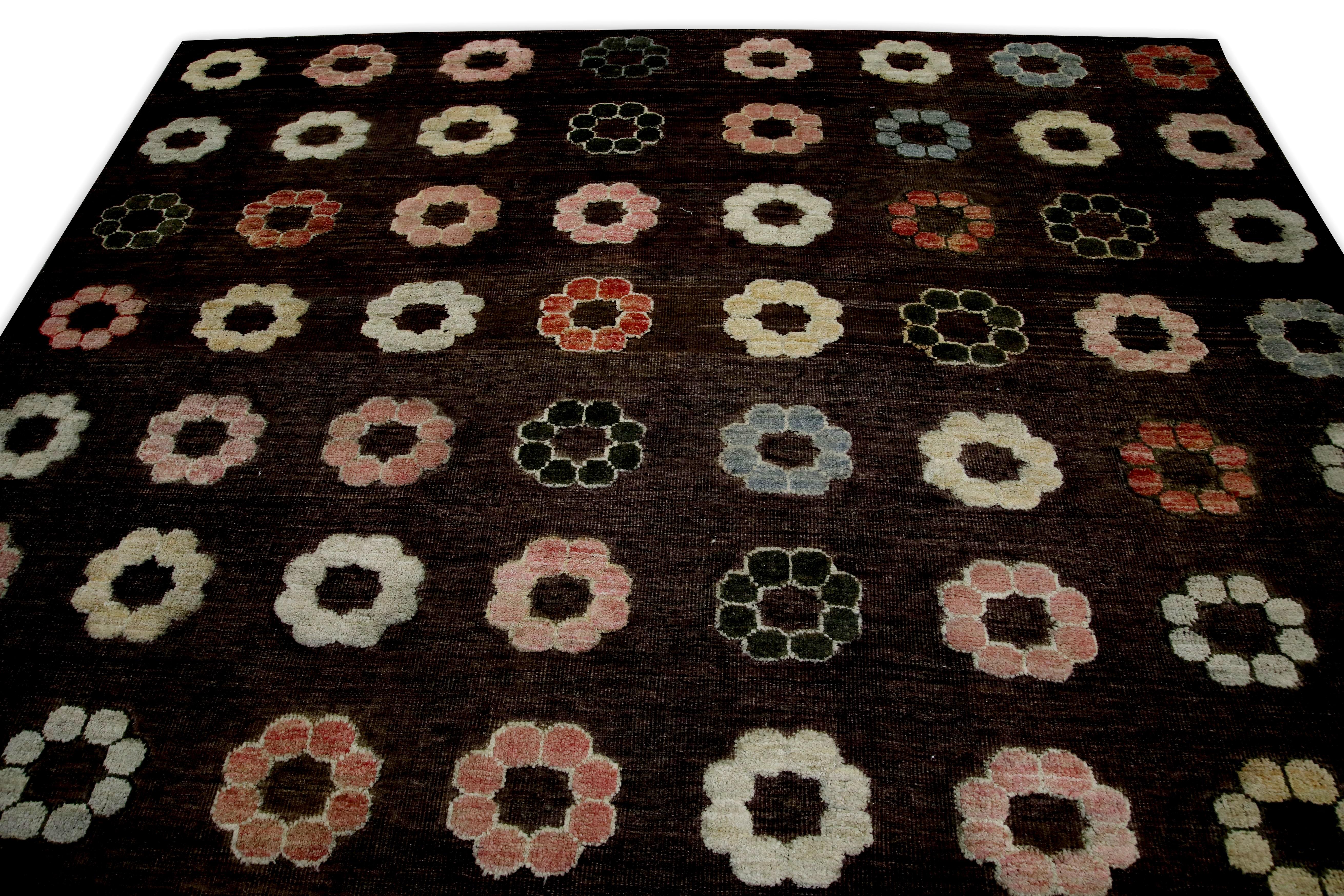 Kilim Brown Colorful Floral Design Modern Flatweave Handmade Wool Rug 8'8
