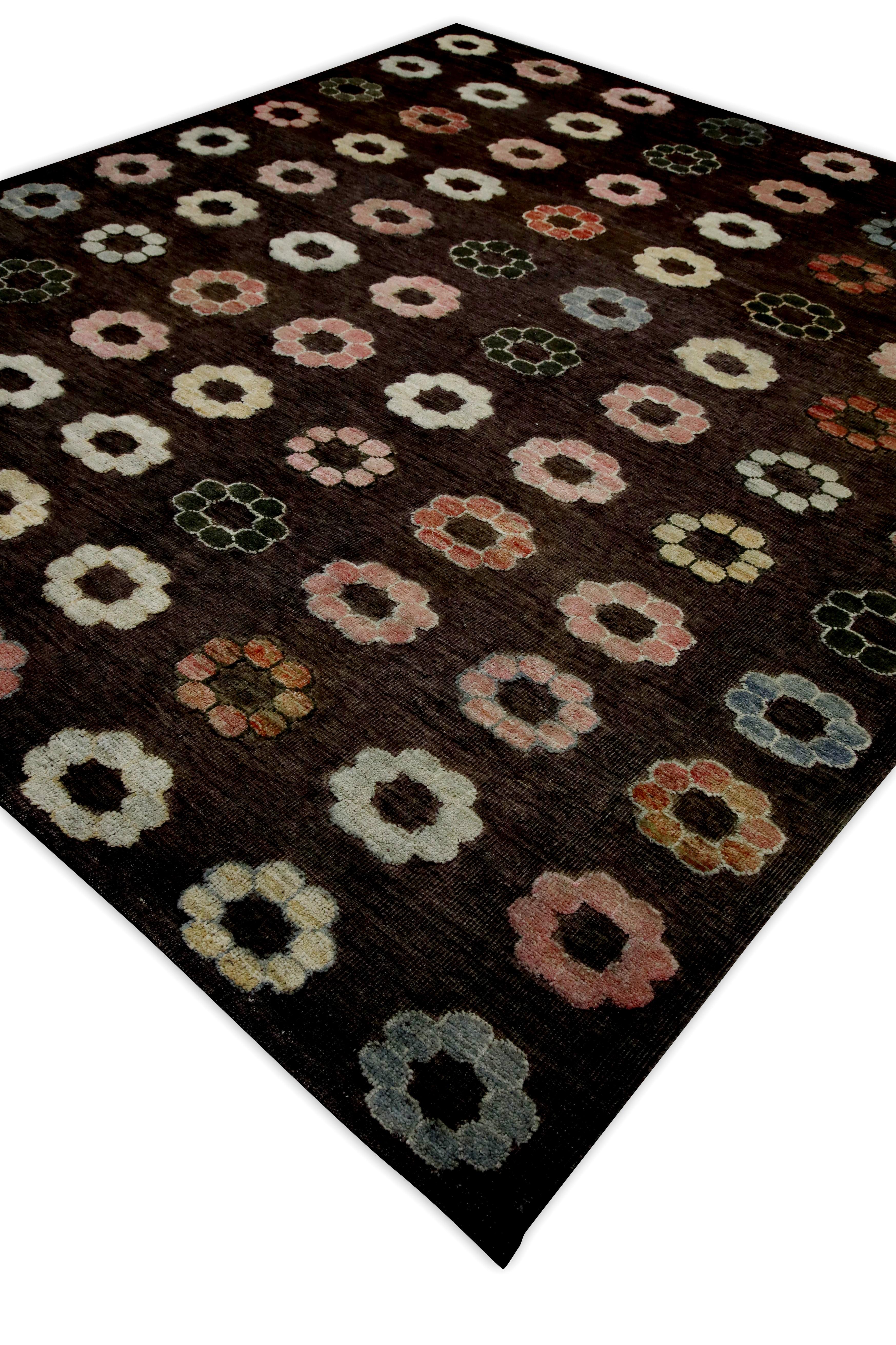 Turkish Brown Colorful Floral Design Modern Flatweave Handmade Wool Rug 8'8