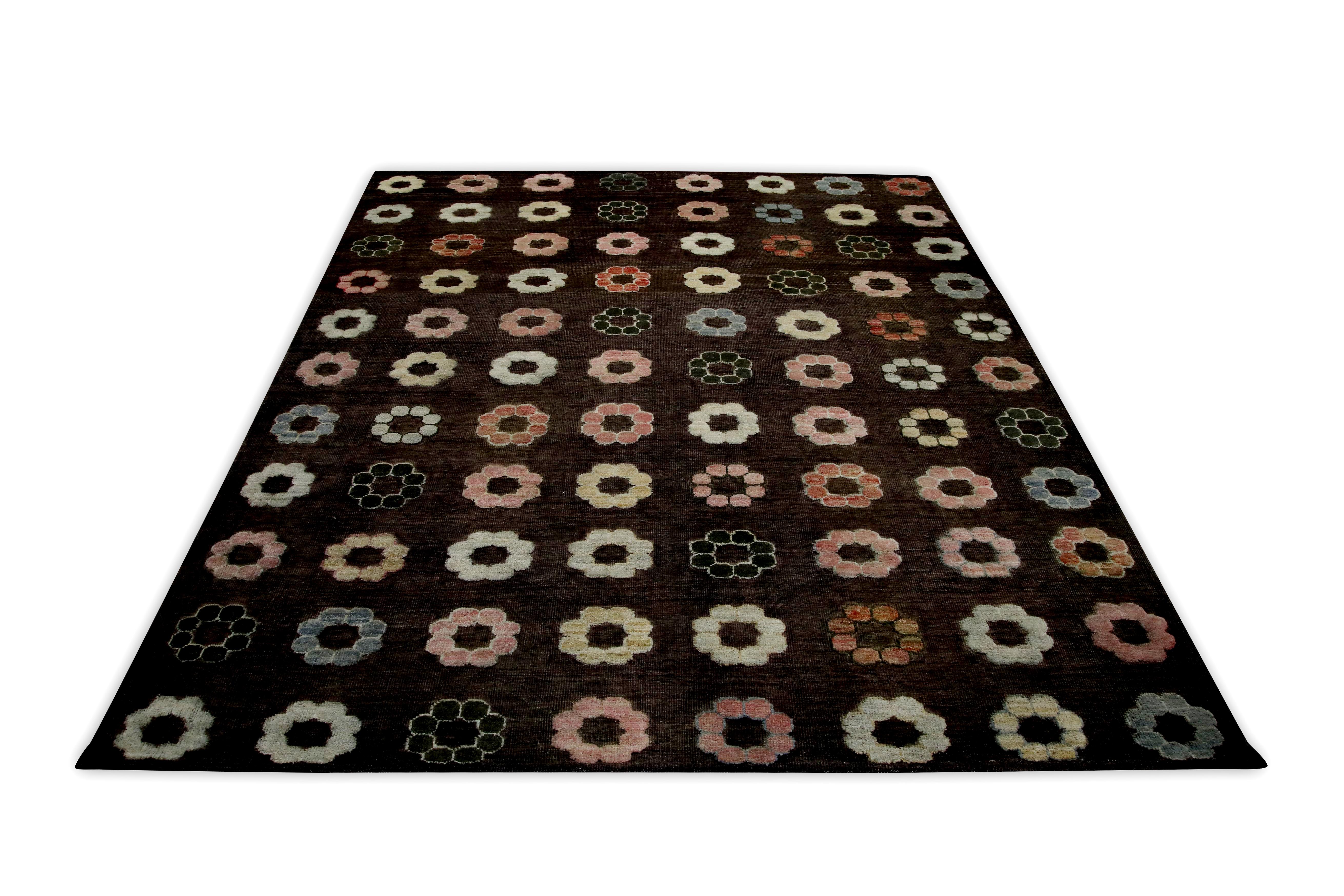 Vegetable Dyed Brown Colorful Floral Design Modern Flatweave Handmade Wool Rug 8'8