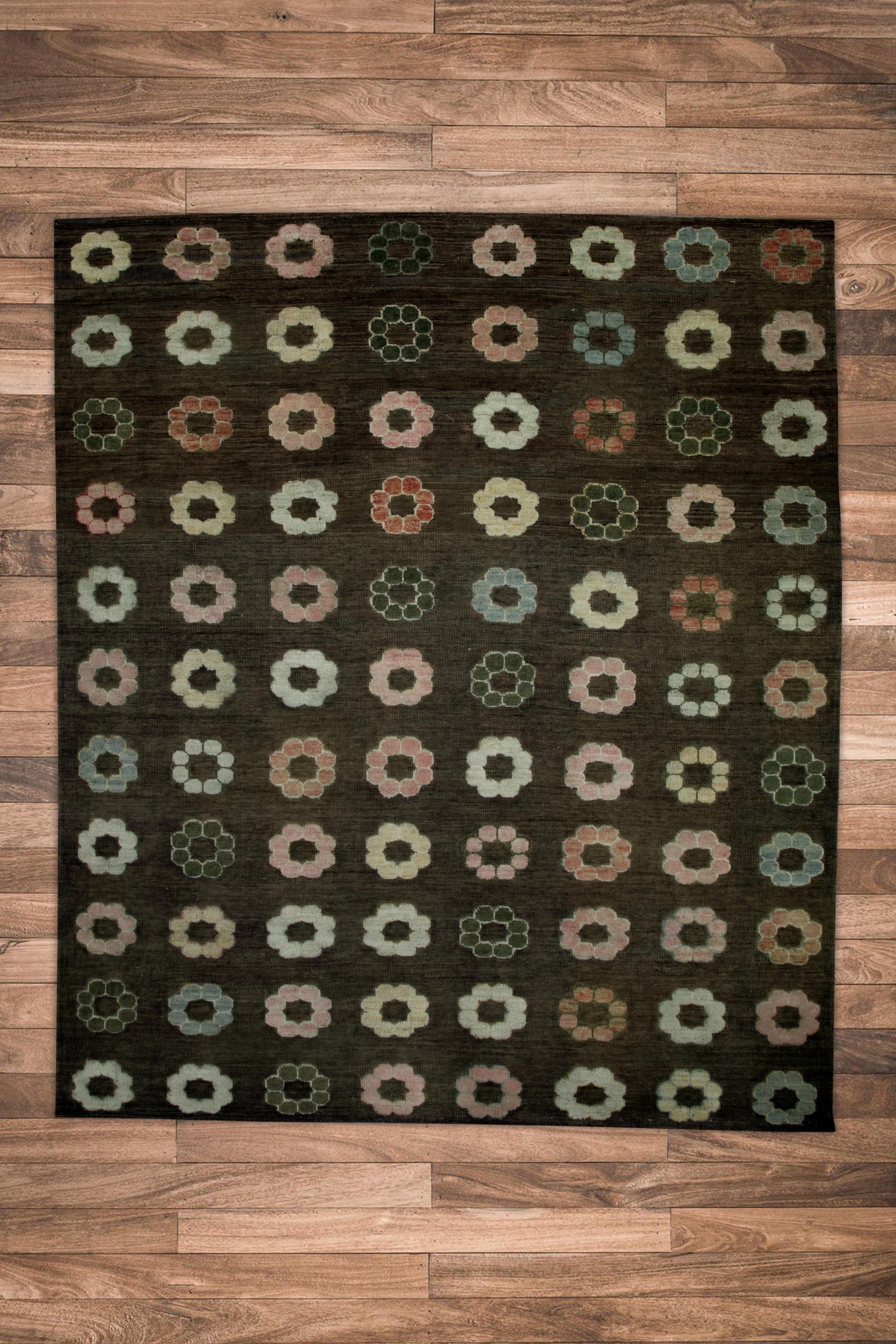 Brown Colorful Floral Design Modern Flatweave Handmade Wool Rug 8'8
