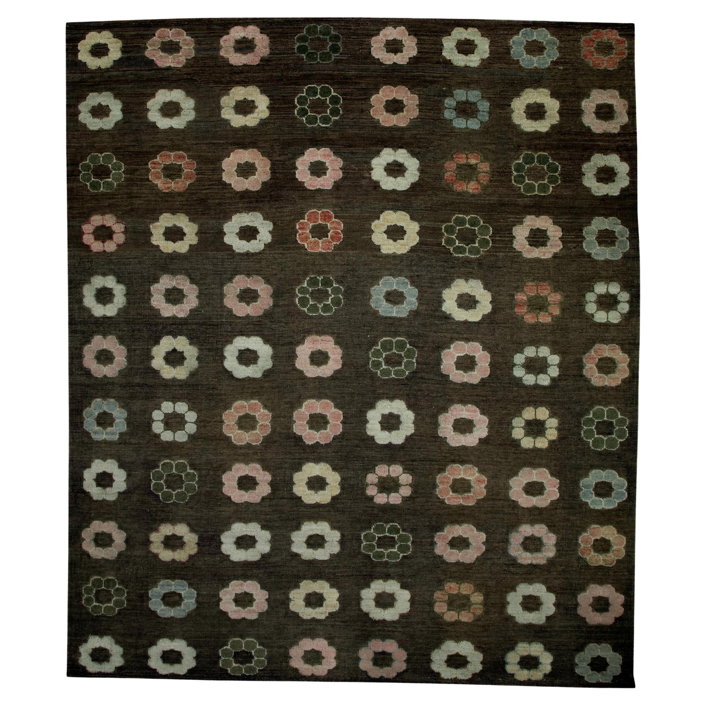 Brown Colorful Floral Design Modern Flatweave Handmade Wool Rug 8'8" x 10'