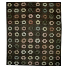 Brown Colorful Floral Design Modern Flatweave Handmade Wool Rug 8'8" x 10'