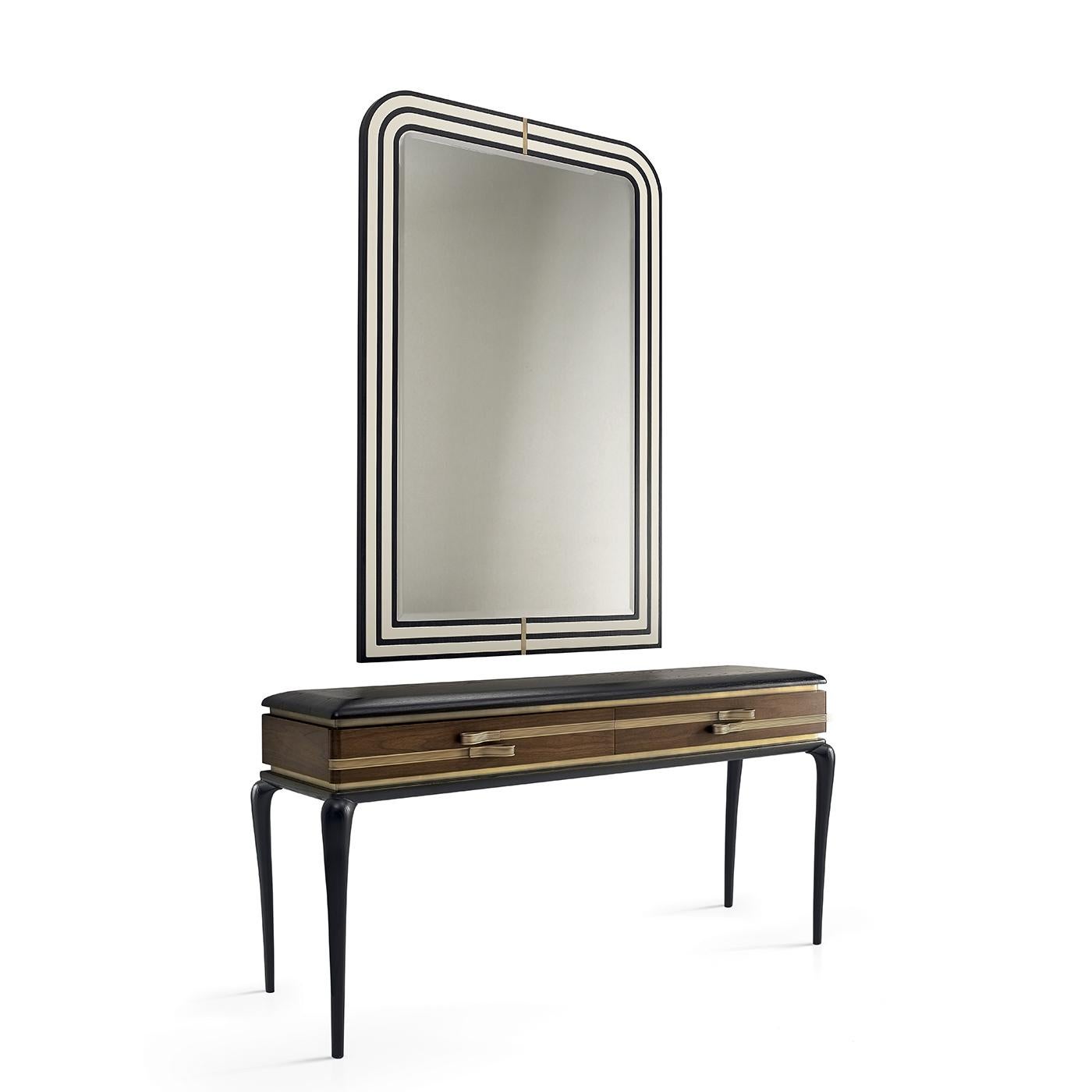 This stunning Classic console is a splendid work of functional decor that will elevate the look of any interior. The plywood and ash-veneered MDF frame feature charming black-lacquered ash legs and top. Enriched with linear burnished brass handles,
